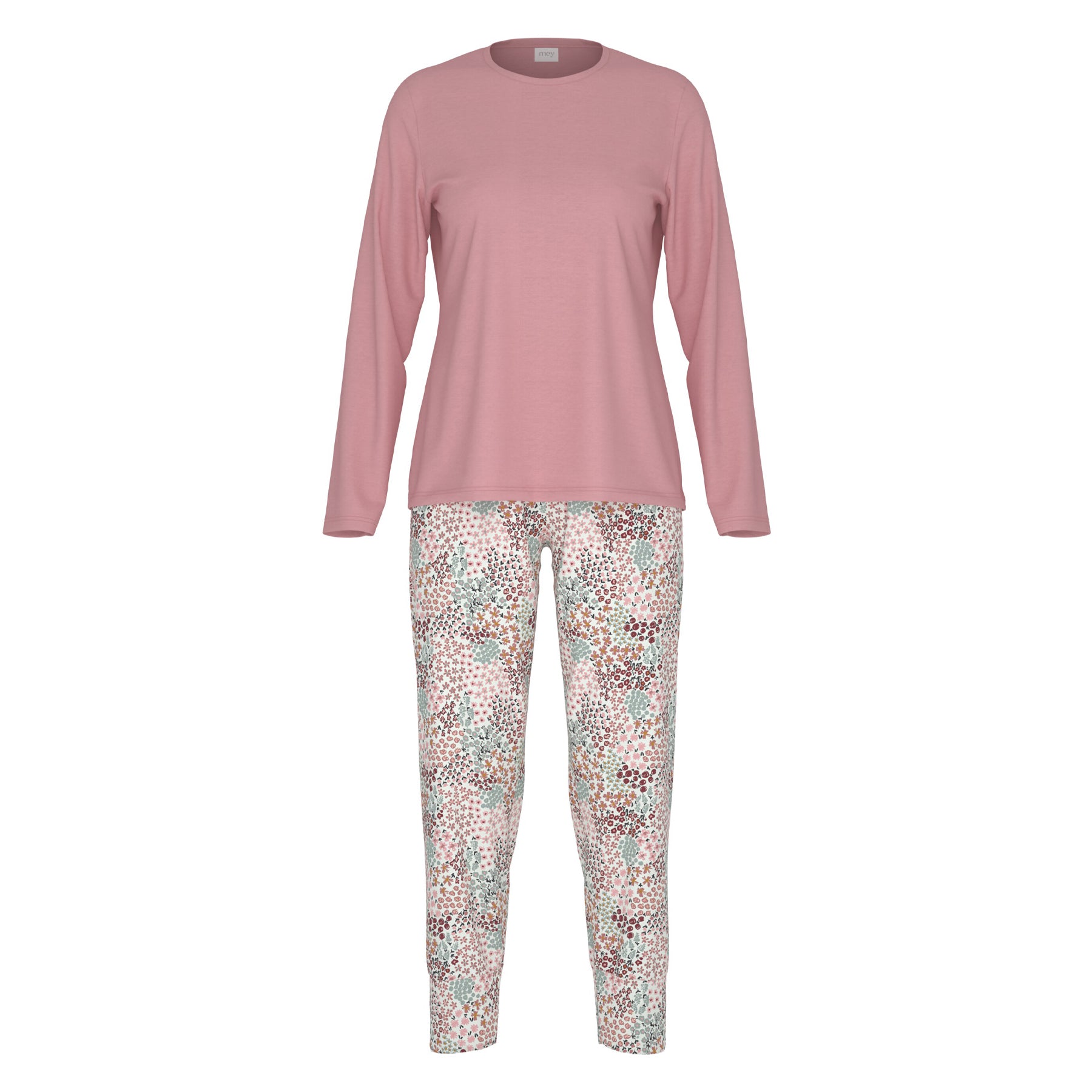 Women’s pyjama set with blush pink long-sleeve top and floral print pants in soft pastel tones.