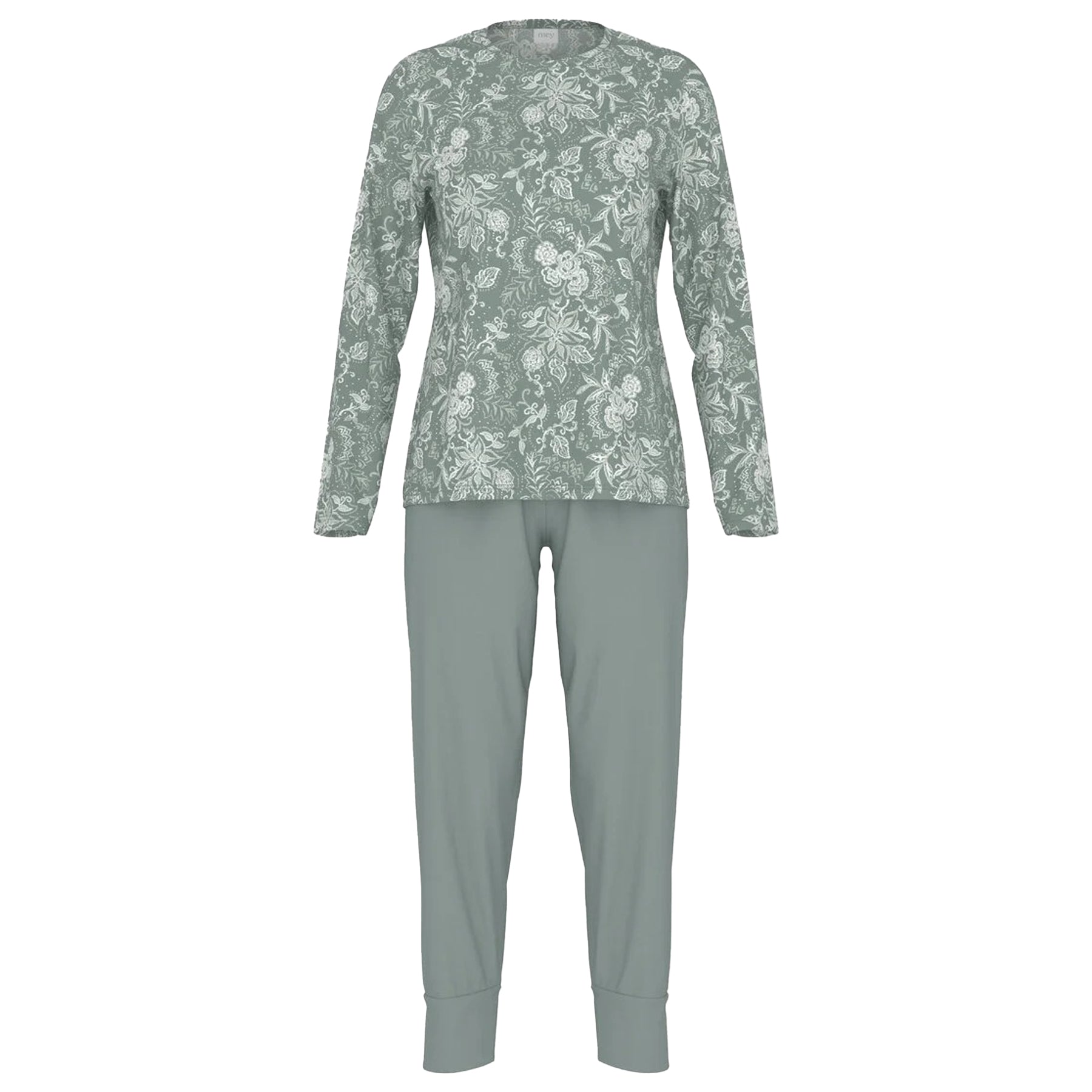 Flat lay of women’s sage green pyjama set with floral print top and matching solid pants.