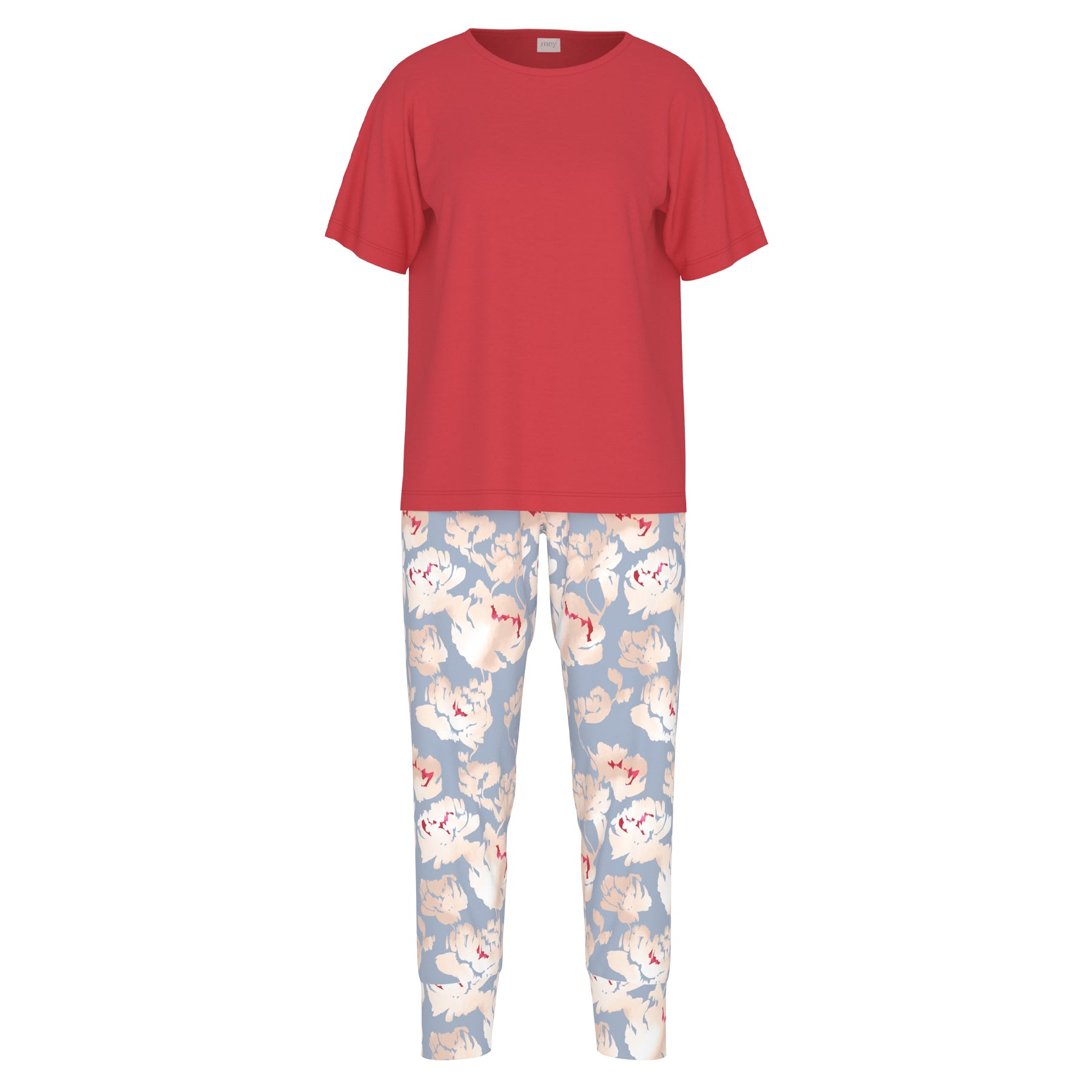 Two-piece women’s pyjama set featuring a red short-sleeve top and soft blue floral print pants, laid flat on a white background.