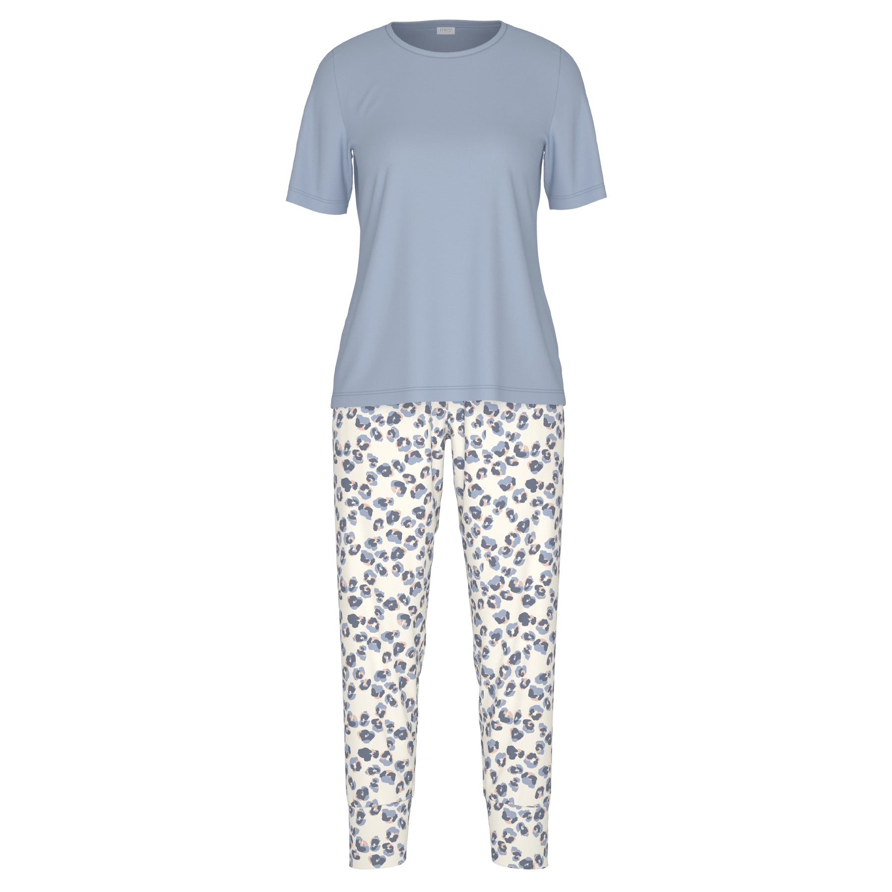 Women’s blue-grey short-sleeve pyjama T-shirt with coordinating printed lounge pants, flat lay on a white background.