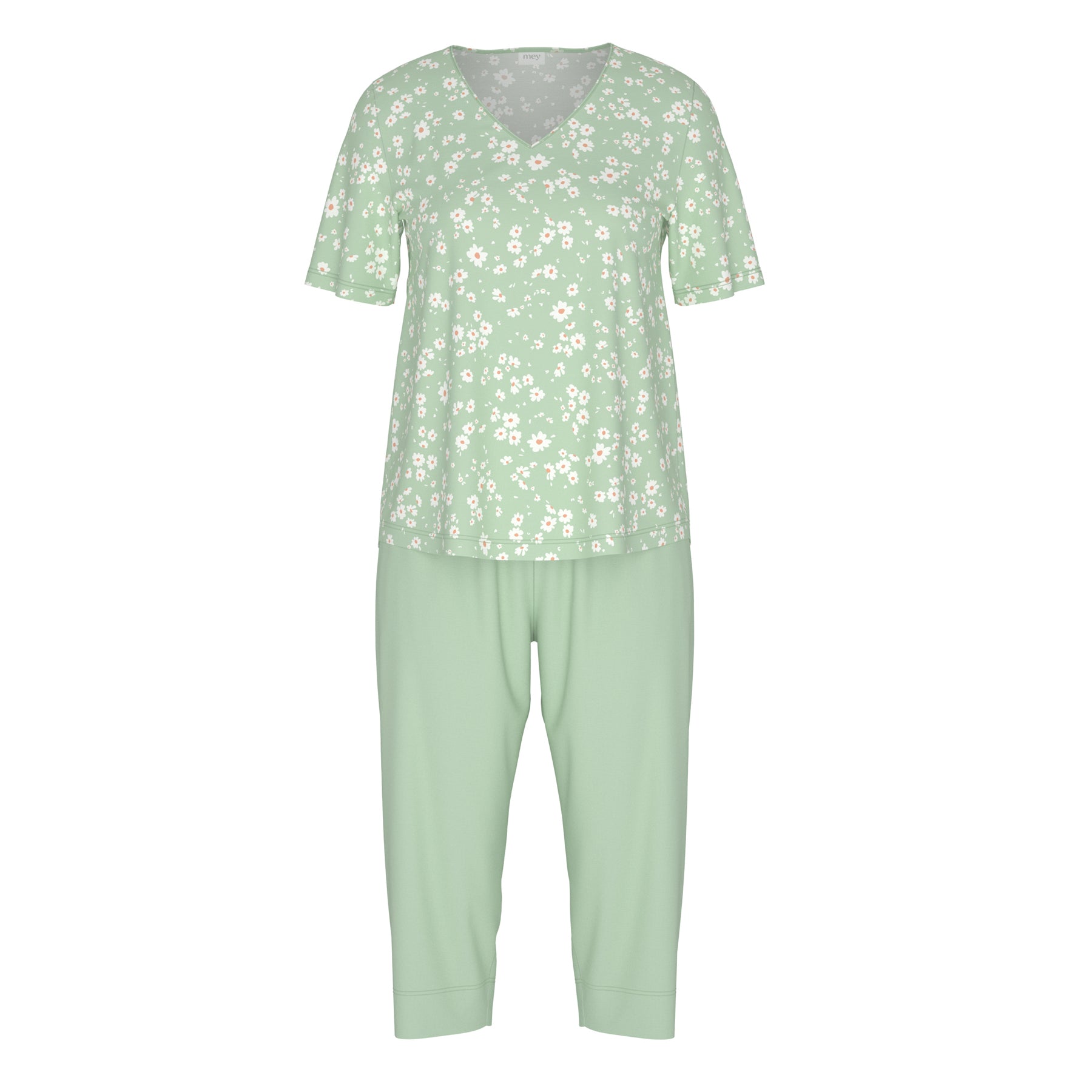 Green floral short sleeve pyjama top with matching sage green capri pants sleepwear set