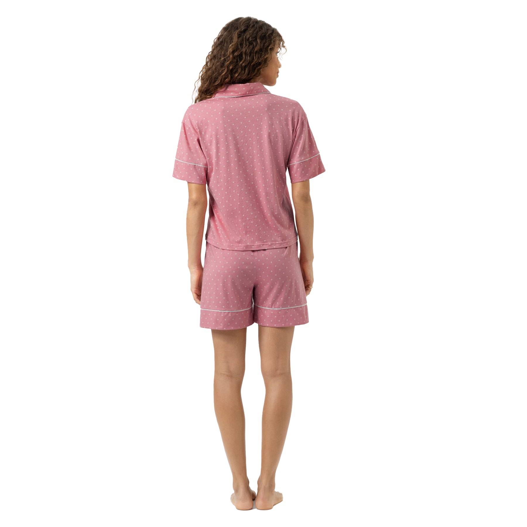 Women’s soft rosewood short sleeve pyjama set with white micro print and button-front top – style 1240121.