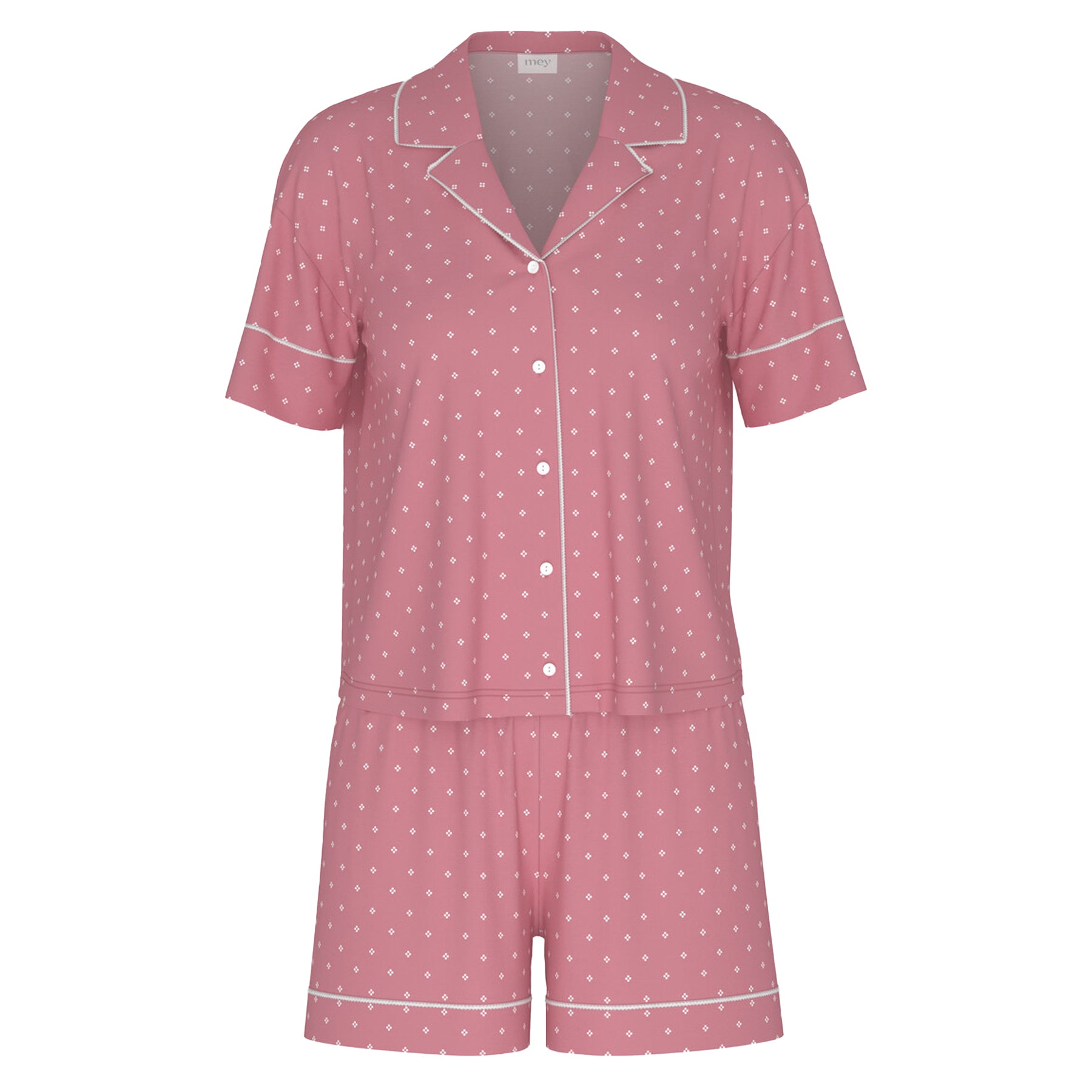 Flat lay product image of soft rosewood short sleeve button-front pyjama set with white micro print – style 1240121.