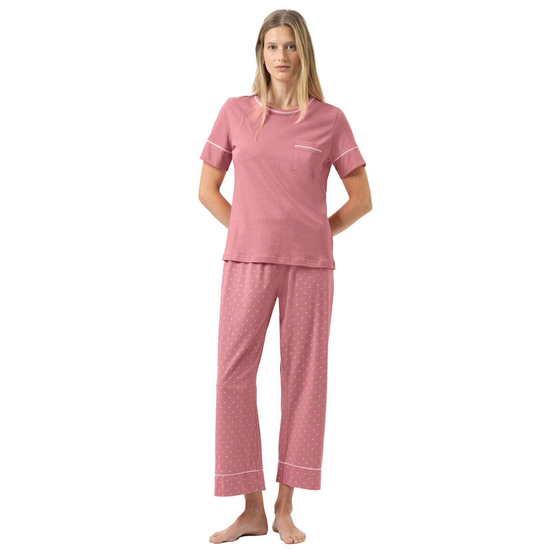 Women’s soft rosewood short sleeve pyjama set with solid top and micro print ankle-length pants – style 1240122.