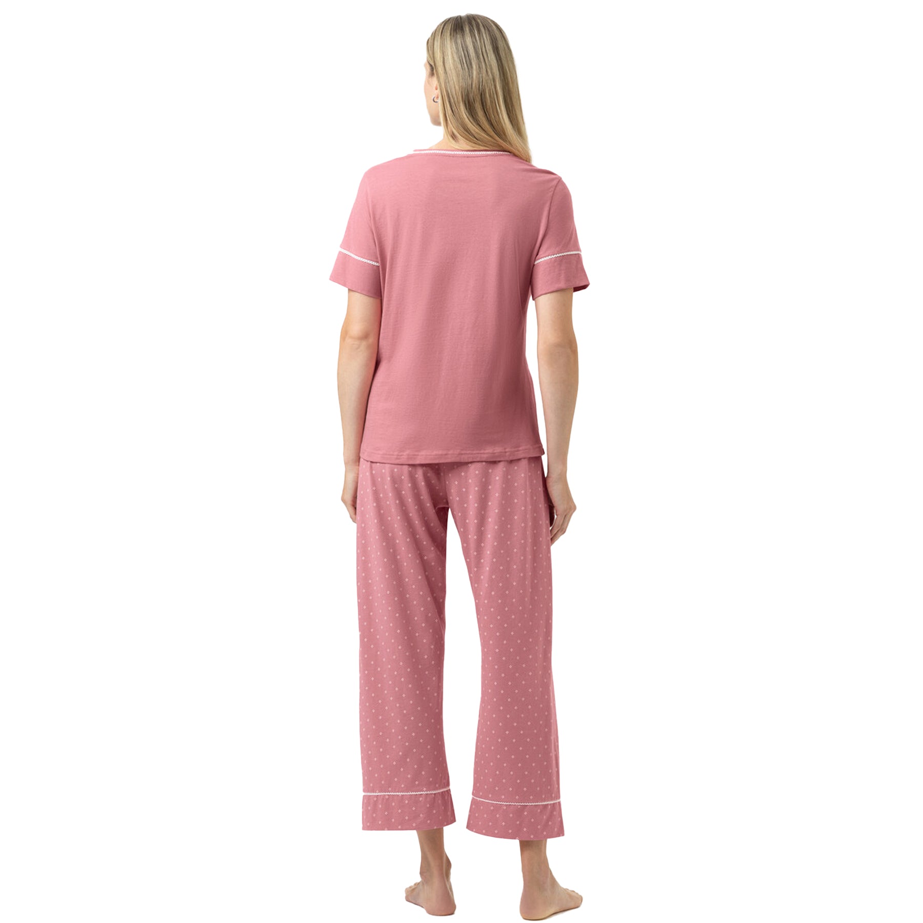 Back view of soft rosewood short sleeve pyjama set with matching printed pants – style 1240122.