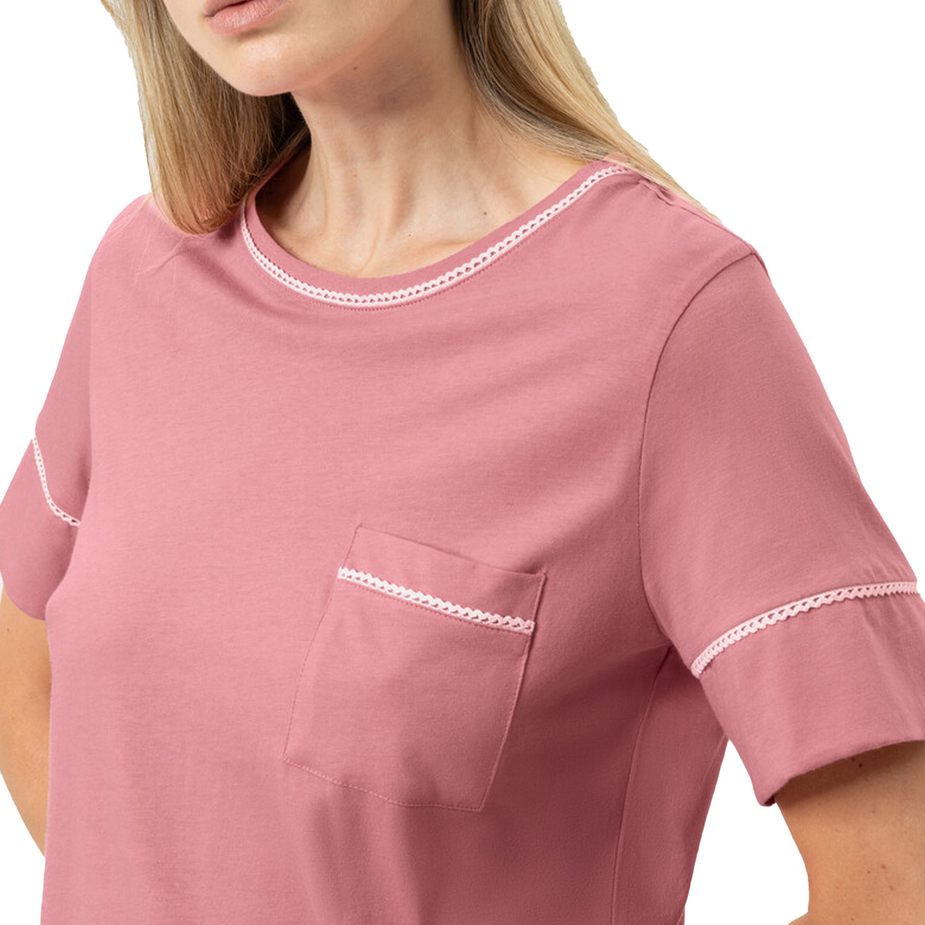 Close-up of soft rosewood pyjama top with chest pocket and lace trim detail – style 1240122.