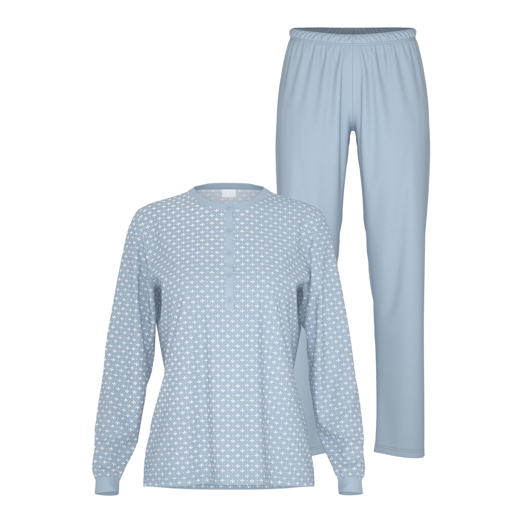 A two-piece women's pajama set featuring a light blue long-sleeve henley top with a white polka-dot pattern and matching light blue pants, shown against a plain white background.