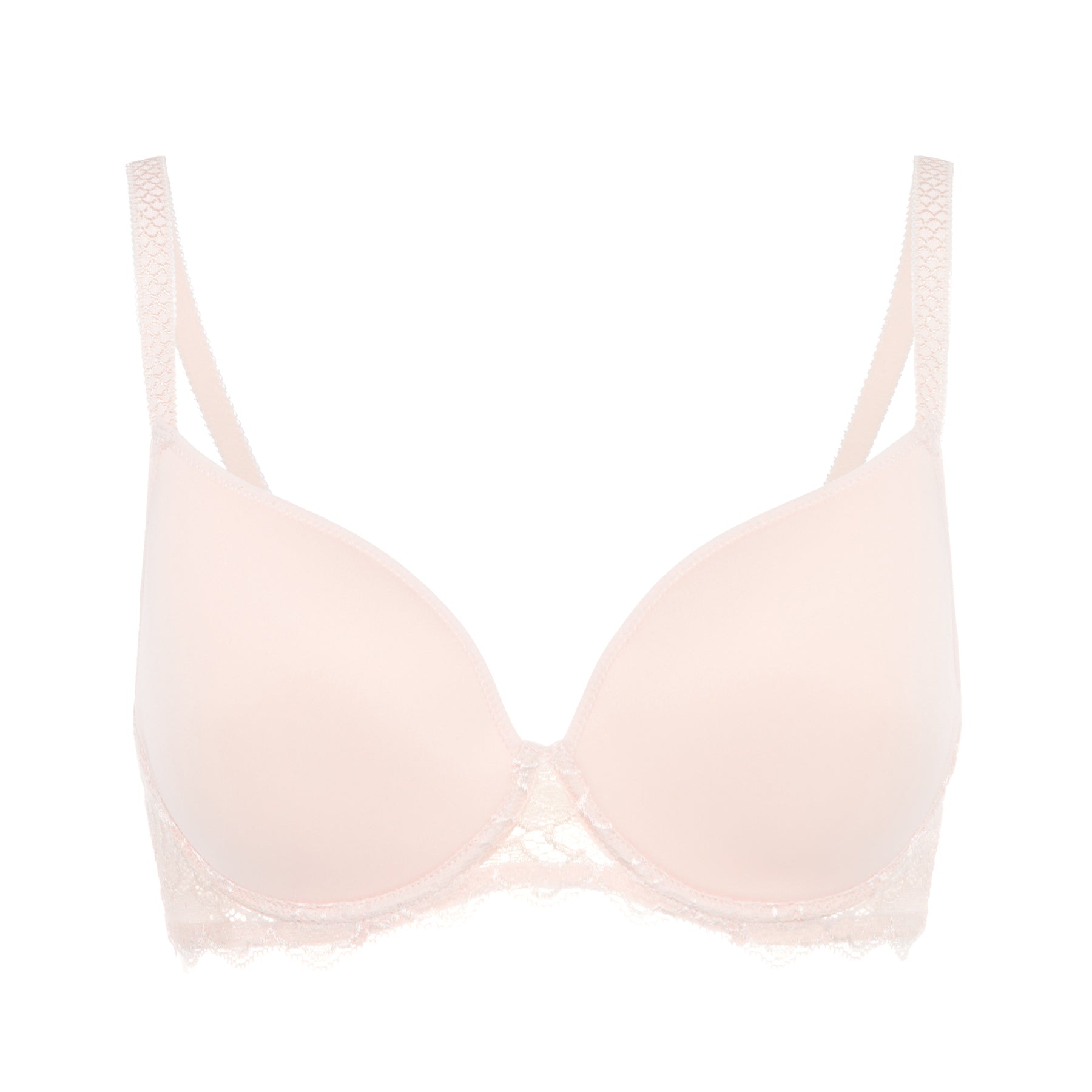 Blush pink moulded underwire bra with smooth cups and lace trim, product-only front view on white background