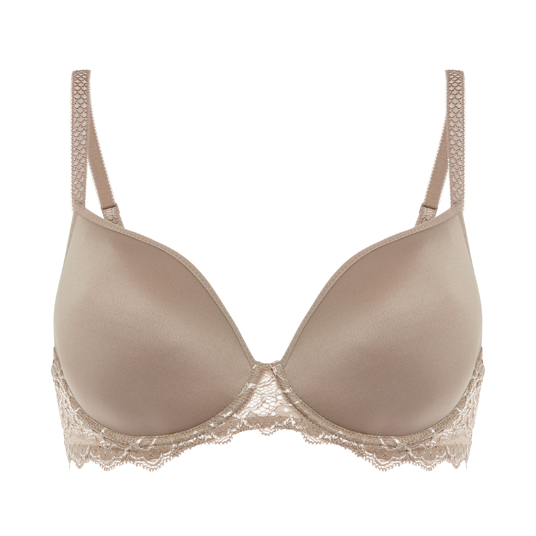 A spacer grey/nude bra full cup, fly layout on a white background.