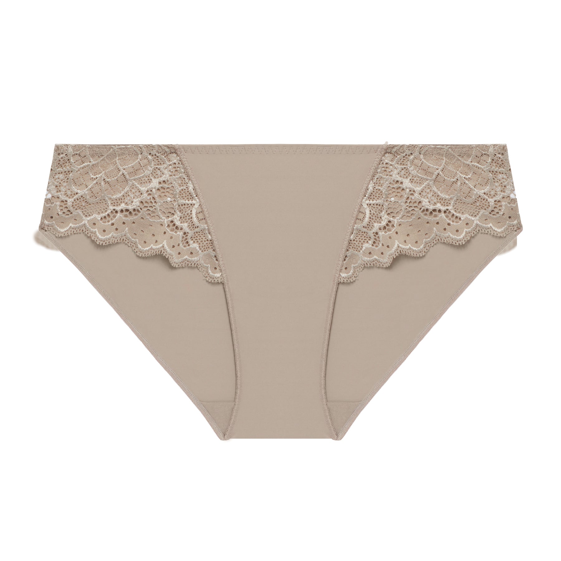 A flat layout a grey/nude bikini brief seamless panty on a white background.