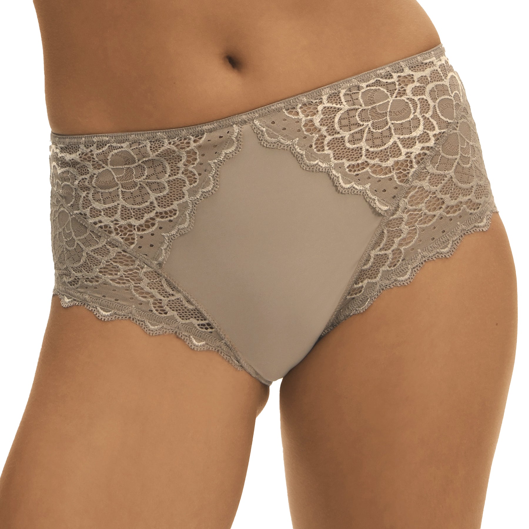 A model showing a grey/nude full brief panty on a white background, close-up view.