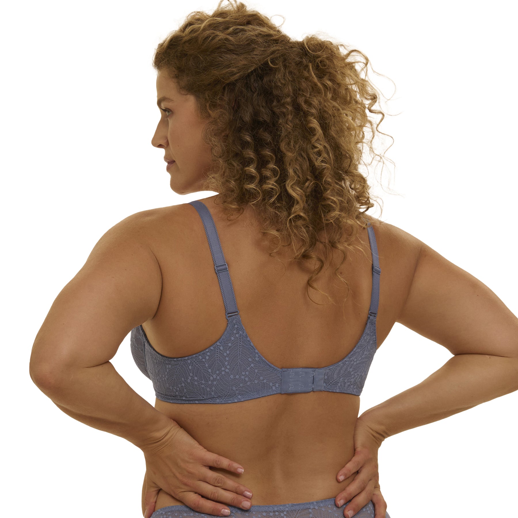 Back view of 12S324 Chambray Blue lace bra showing adjustable straps and hook-and-eye closure.