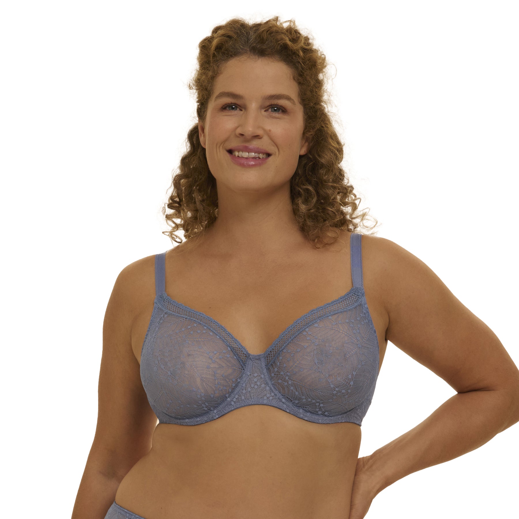 Model wearing 12S324 Chambray Blue lace bra with matching brief, supportive underwire fit.