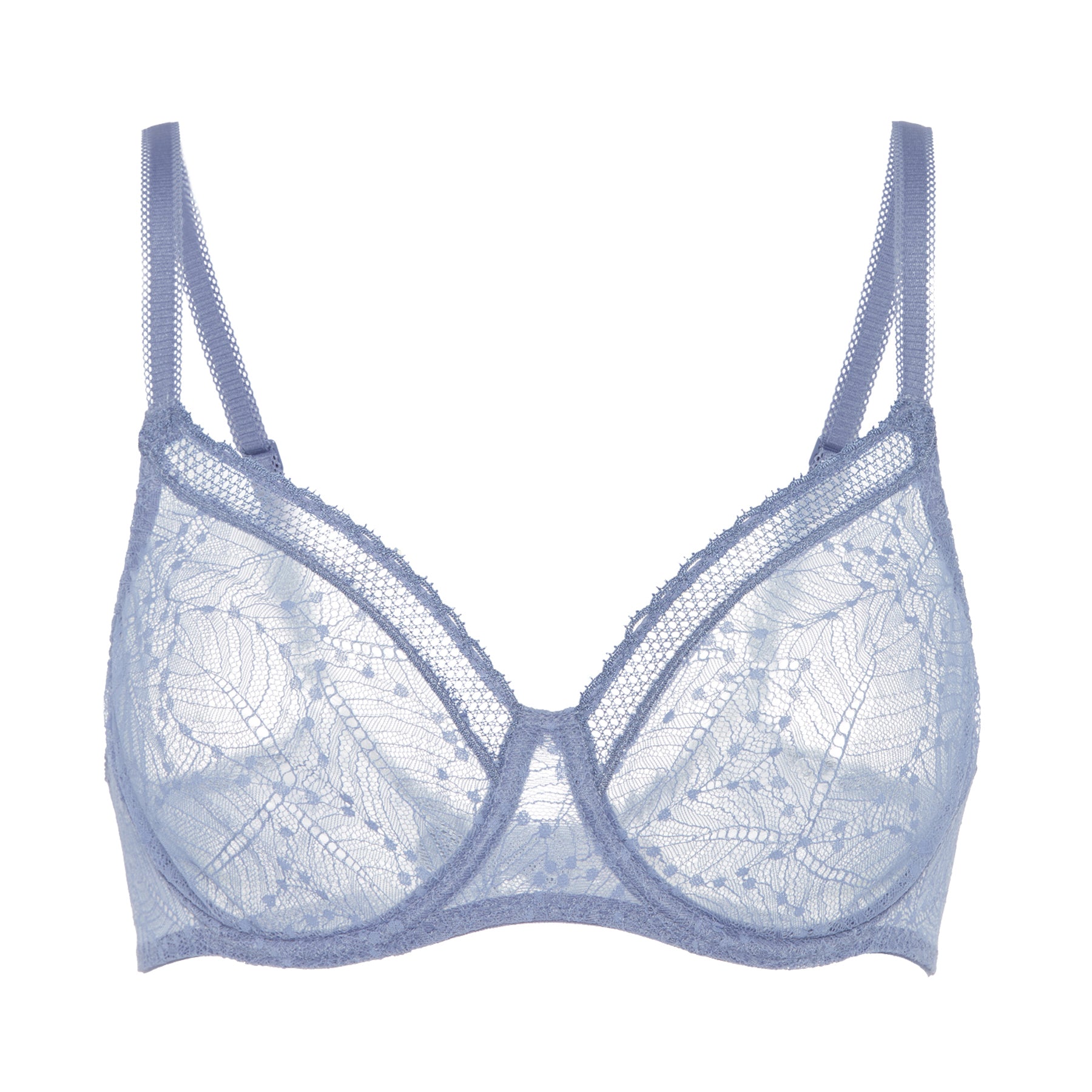 Product-only image of 12S324 lace underwire bra in Chambray Blue on white background.