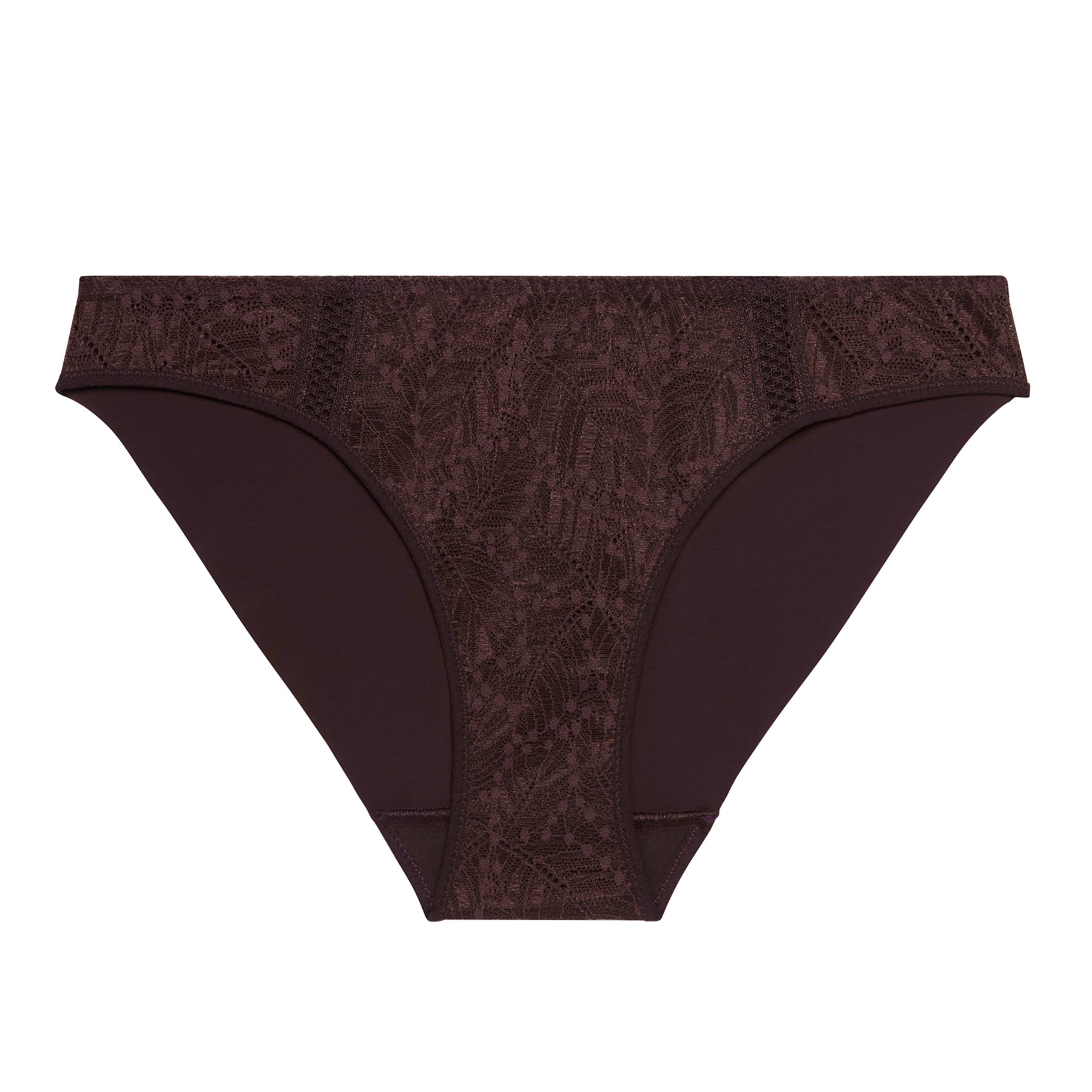 Flat lay of chocolate brown lace bikini – front view highlighting sheer lace panels and smooth fabric.