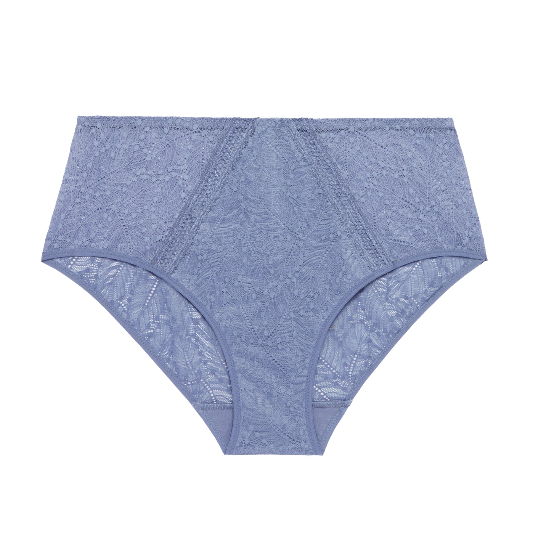 Chambray blue high waist lace brief with geometric panel detailing and semi-sheer floral lace front, flat lay on white background.