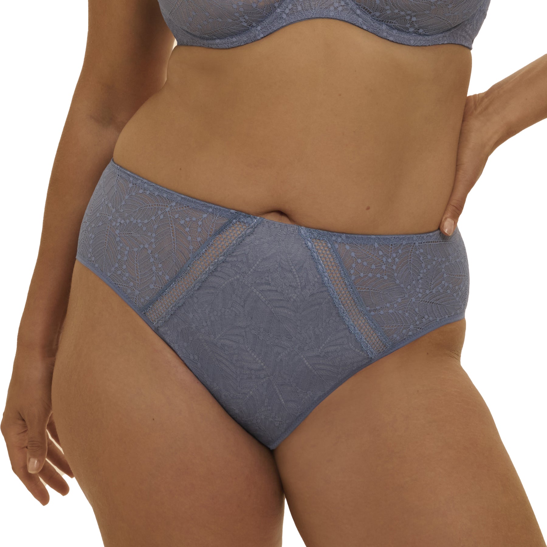 Close front detail of chambray blue high waist lace panty with geometric lace inserts and soft waistband.