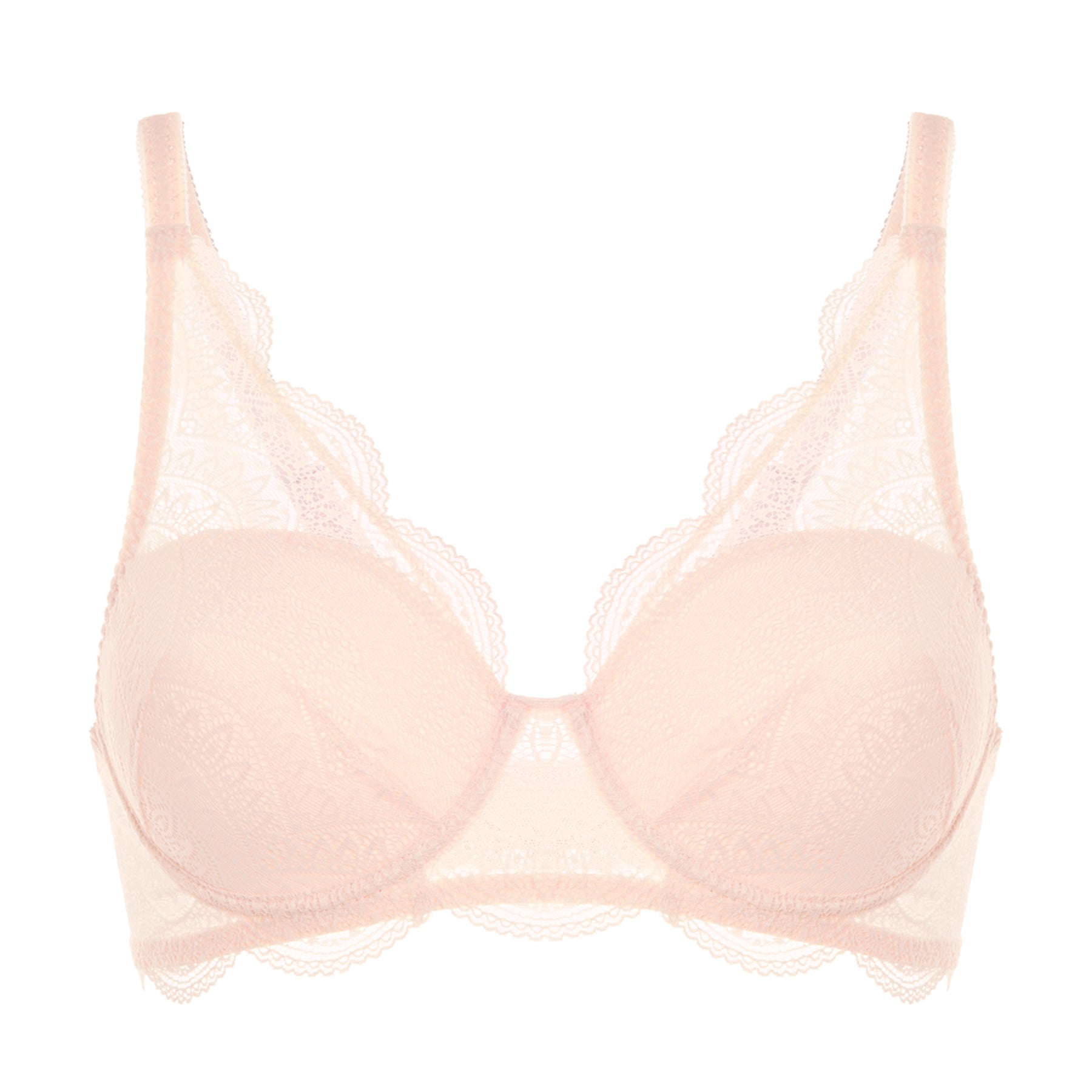 Zoomed-in front view of blush pink underwire lace bra showcasing intricate embroidery, scalloped edging, and lifted shape.