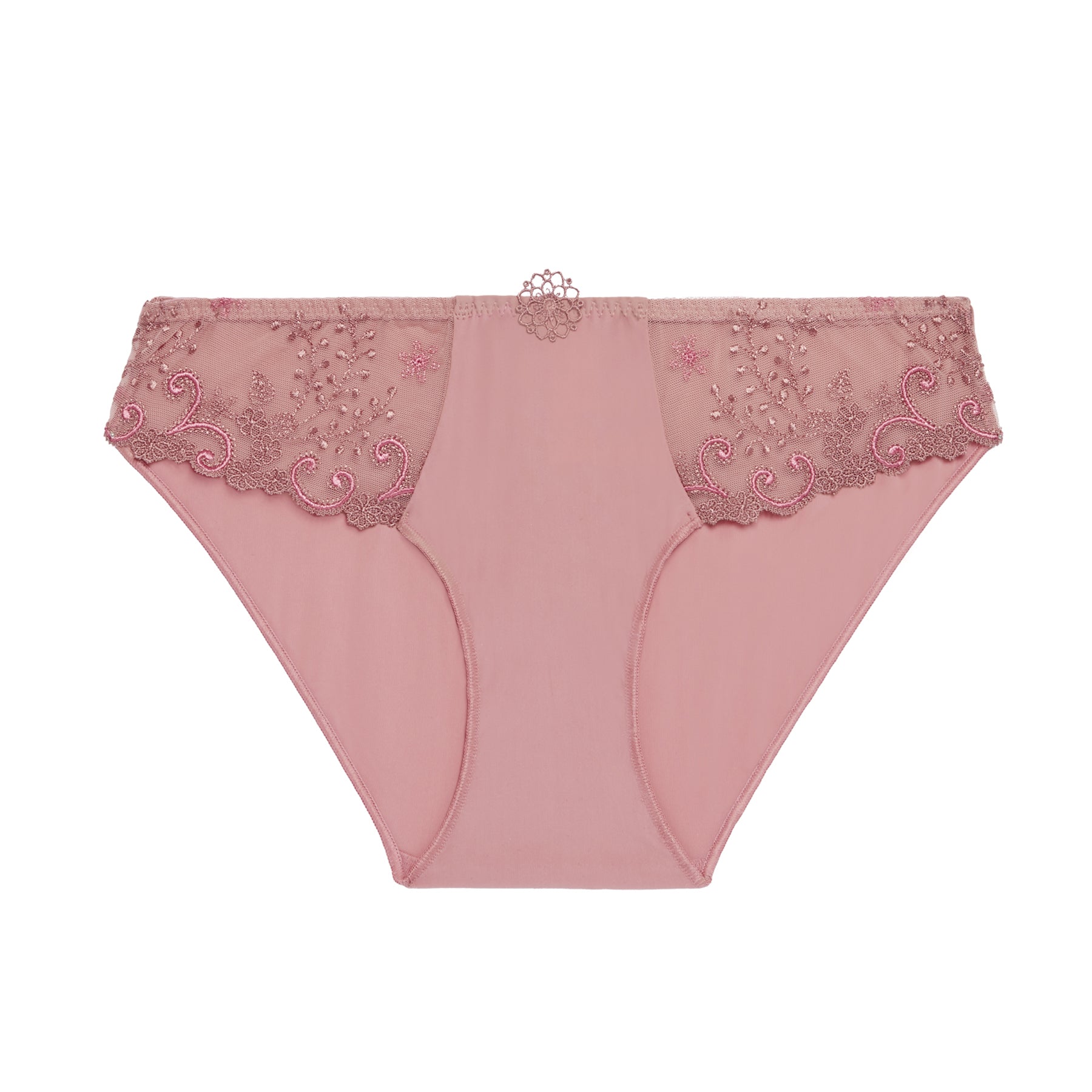 Pink full brief with sheer embroidered lace panels and smooth front, laid flat on a white background.