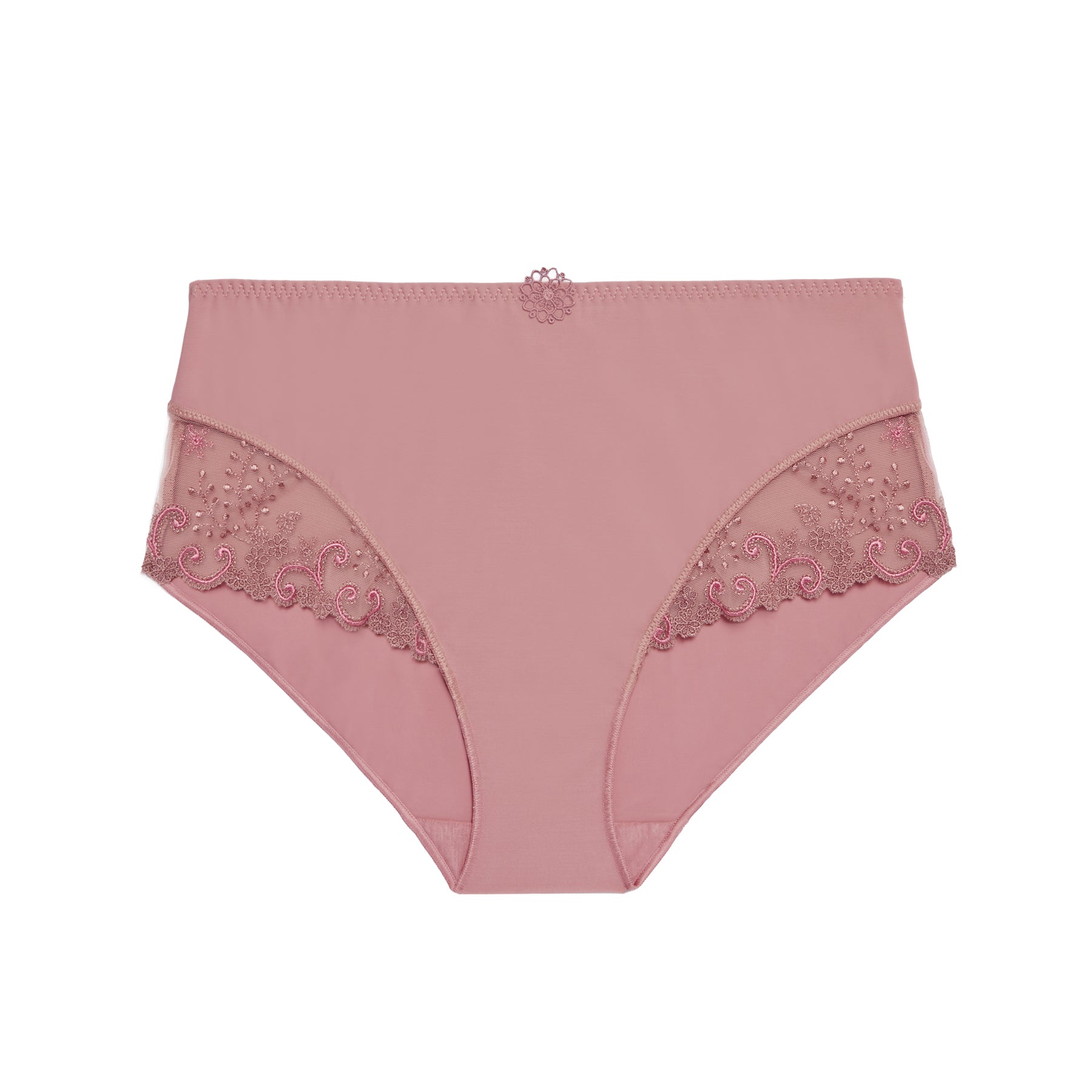 Smokey pink high-waist brief with smooth front panel and embroidered sheer side panels.