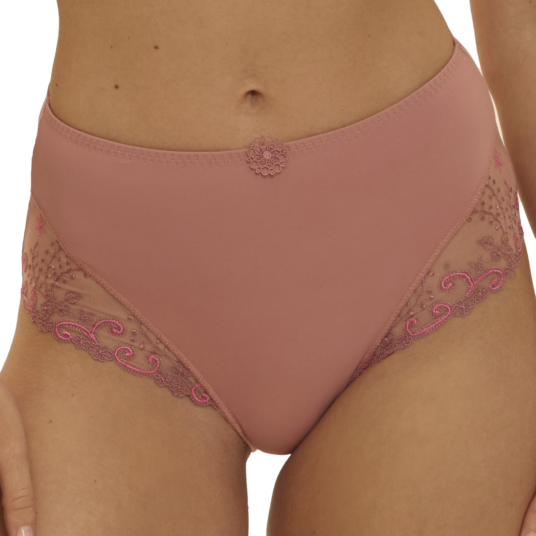 Close-up of smokey pink high-rise brief showing embroidered mesh sides and floral centre detail.