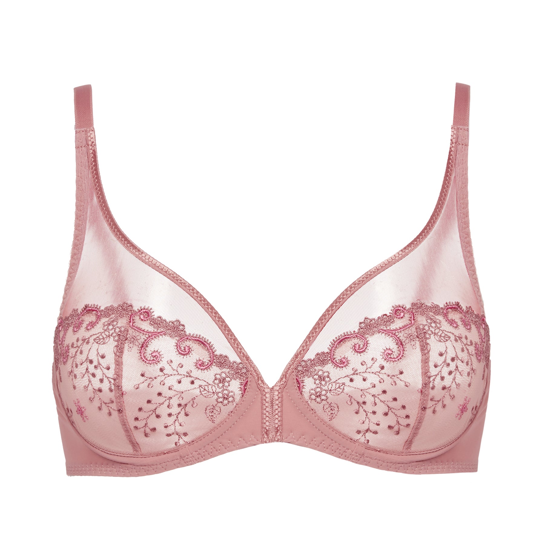 Pink sheer lace underwire bra with embroidered cups and structured support, laid flat on a white background.