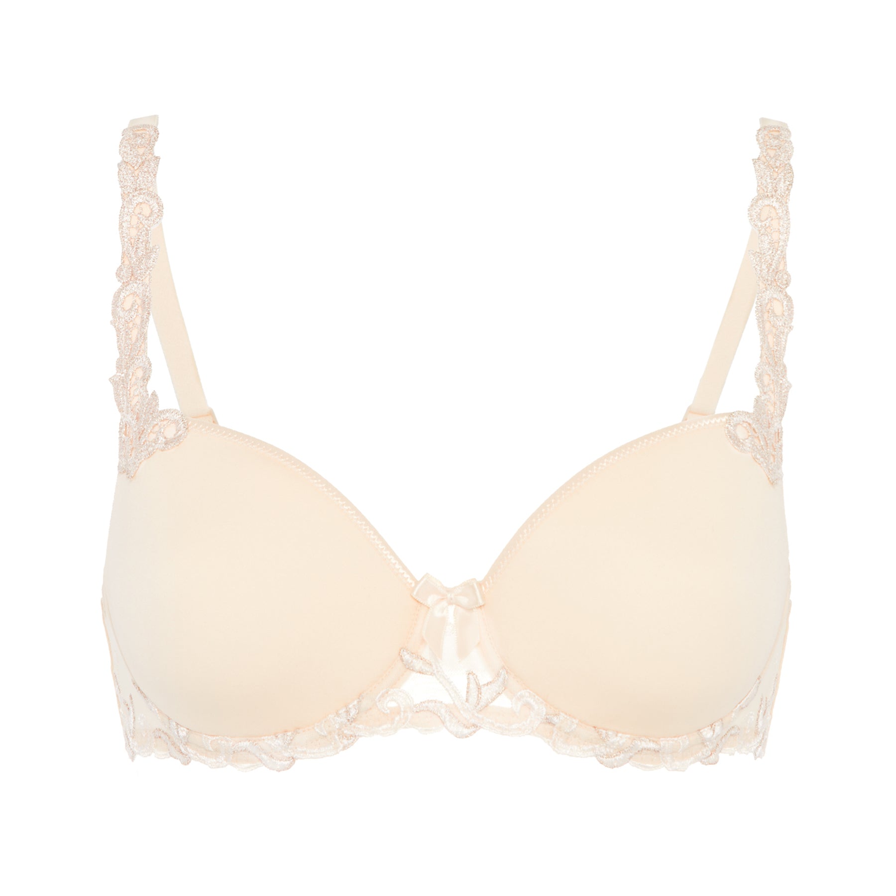 Chic Beige smooth moulded bra with lace embroidered straps and scalloped lace trim along the cups