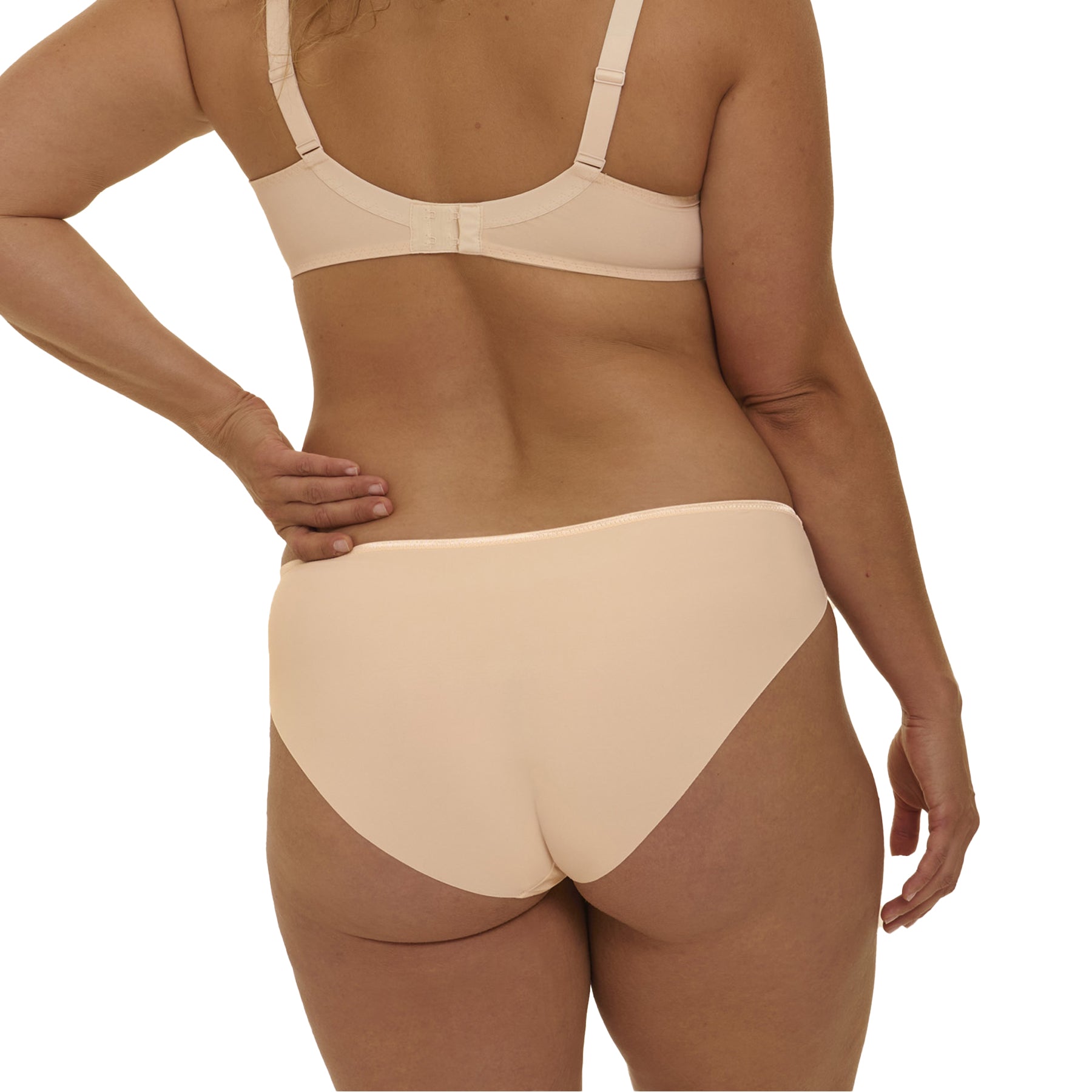 Back detail of beige supportive bra with adjustable straps and matching full brief panties.