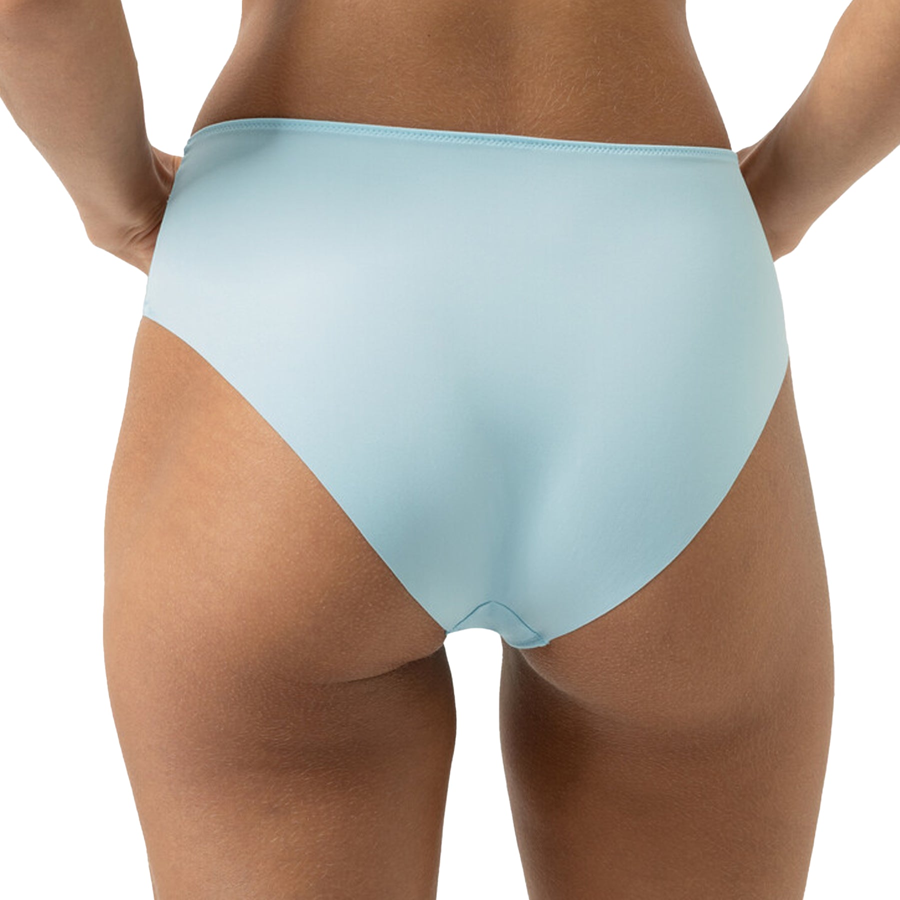 Light blue bikini brief with smooth back and seamless finish, back view on model.