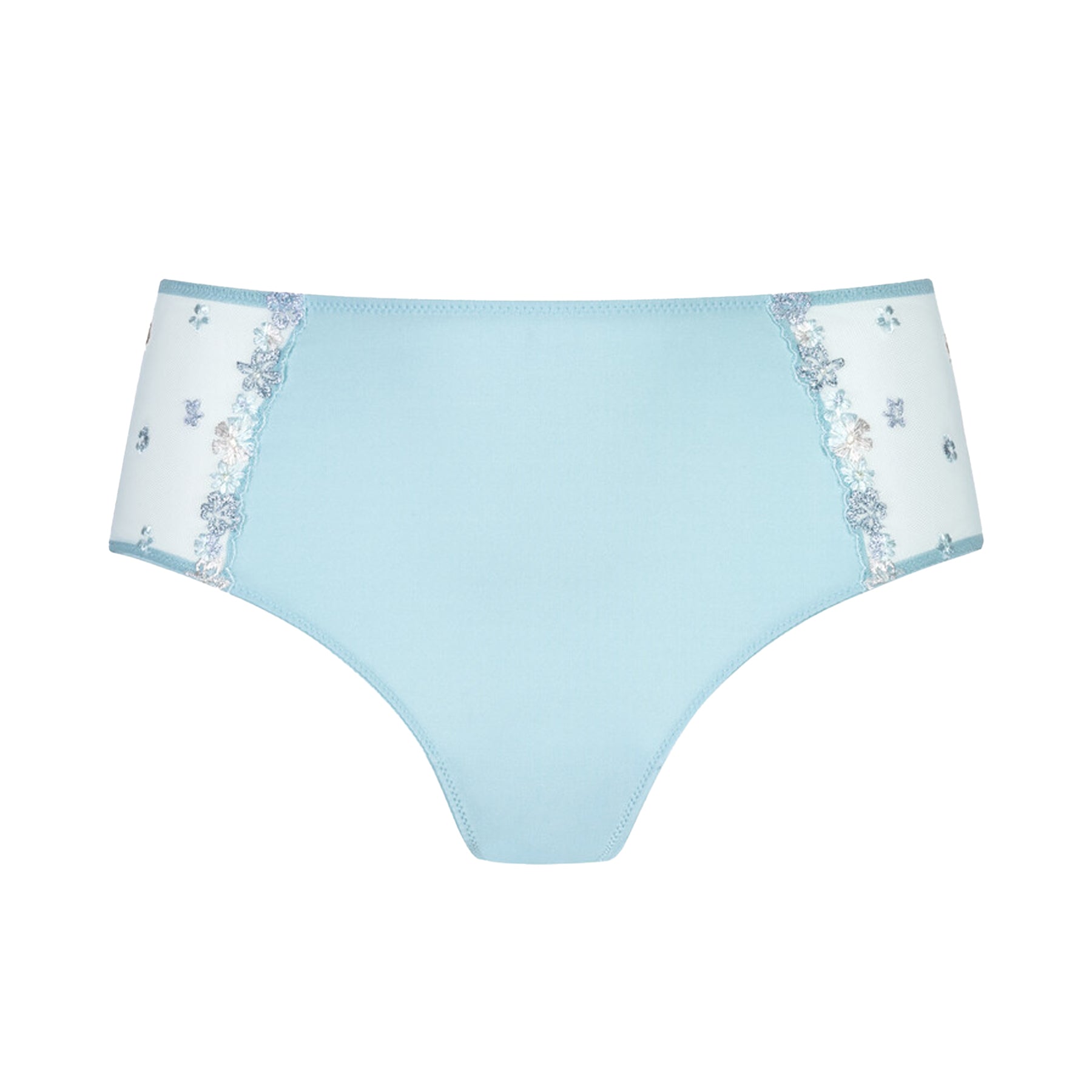 Light blue bikini brief with smooth microfiber front and sheer floral embroidered mesh side panels, product packshot on white background.