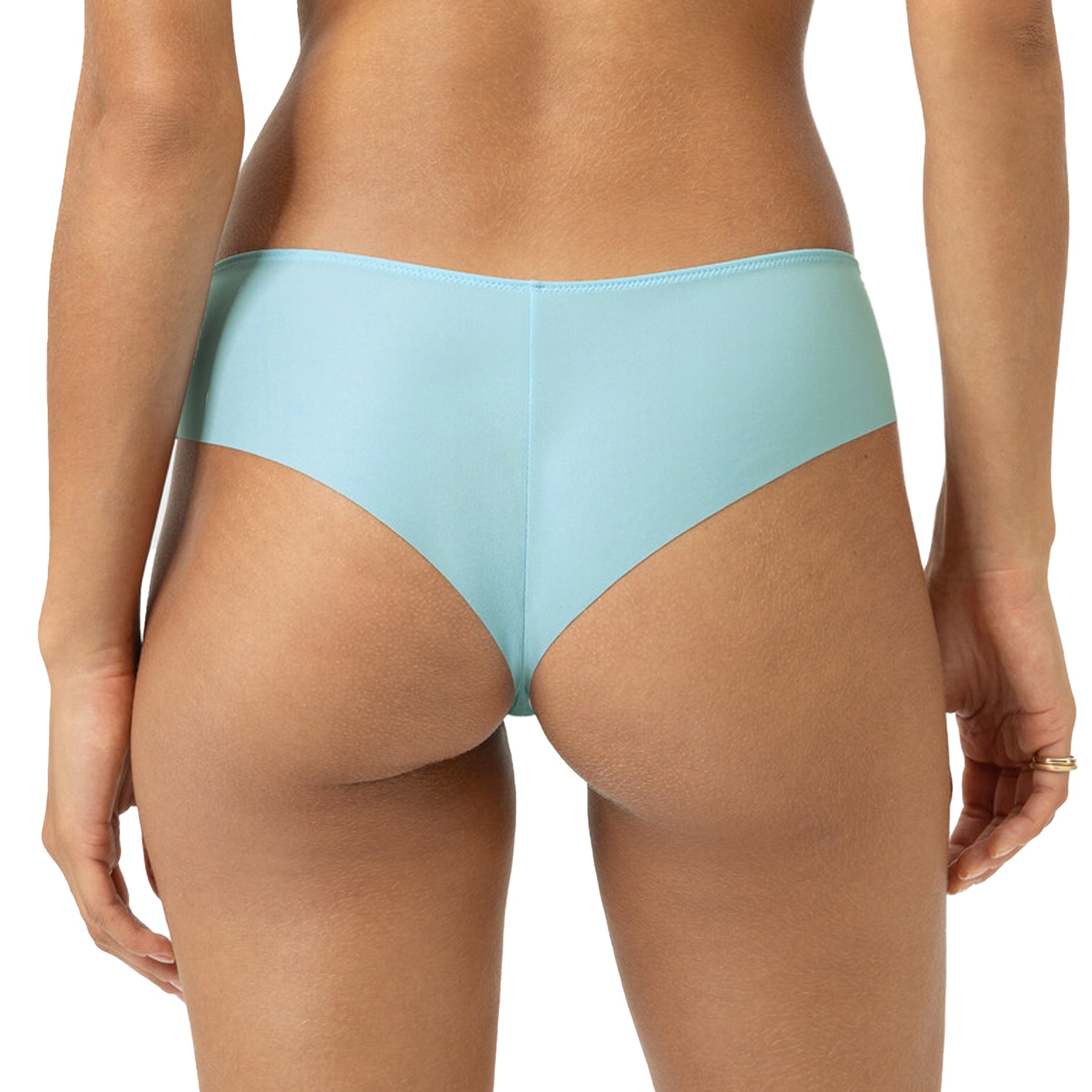 Light blue thong with smooth microfiber back and seamless finish, back view on model.