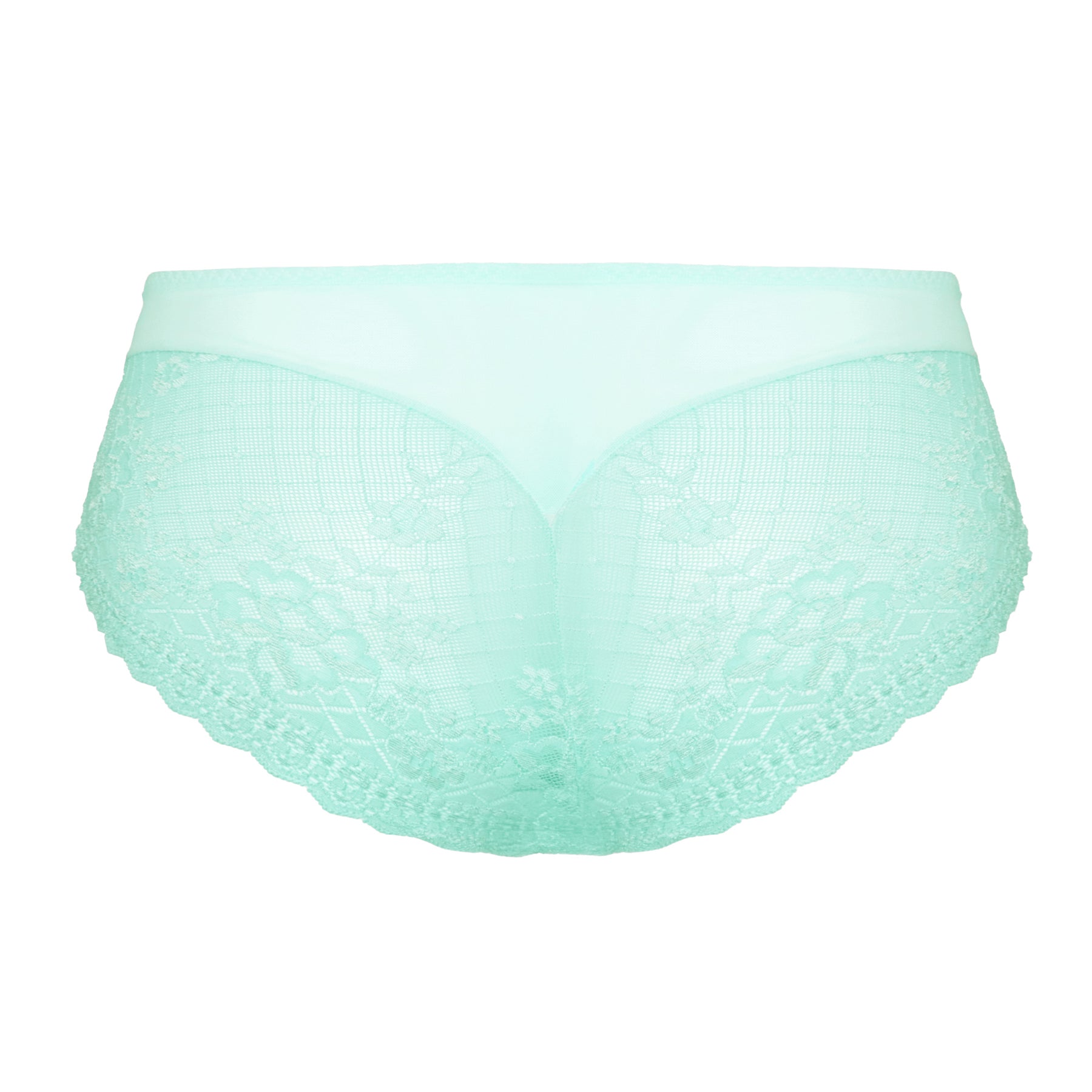 Back view of aqua brief with full lace coverage, scalloped edges, and a smooth waistband for invisible wear under clothing.