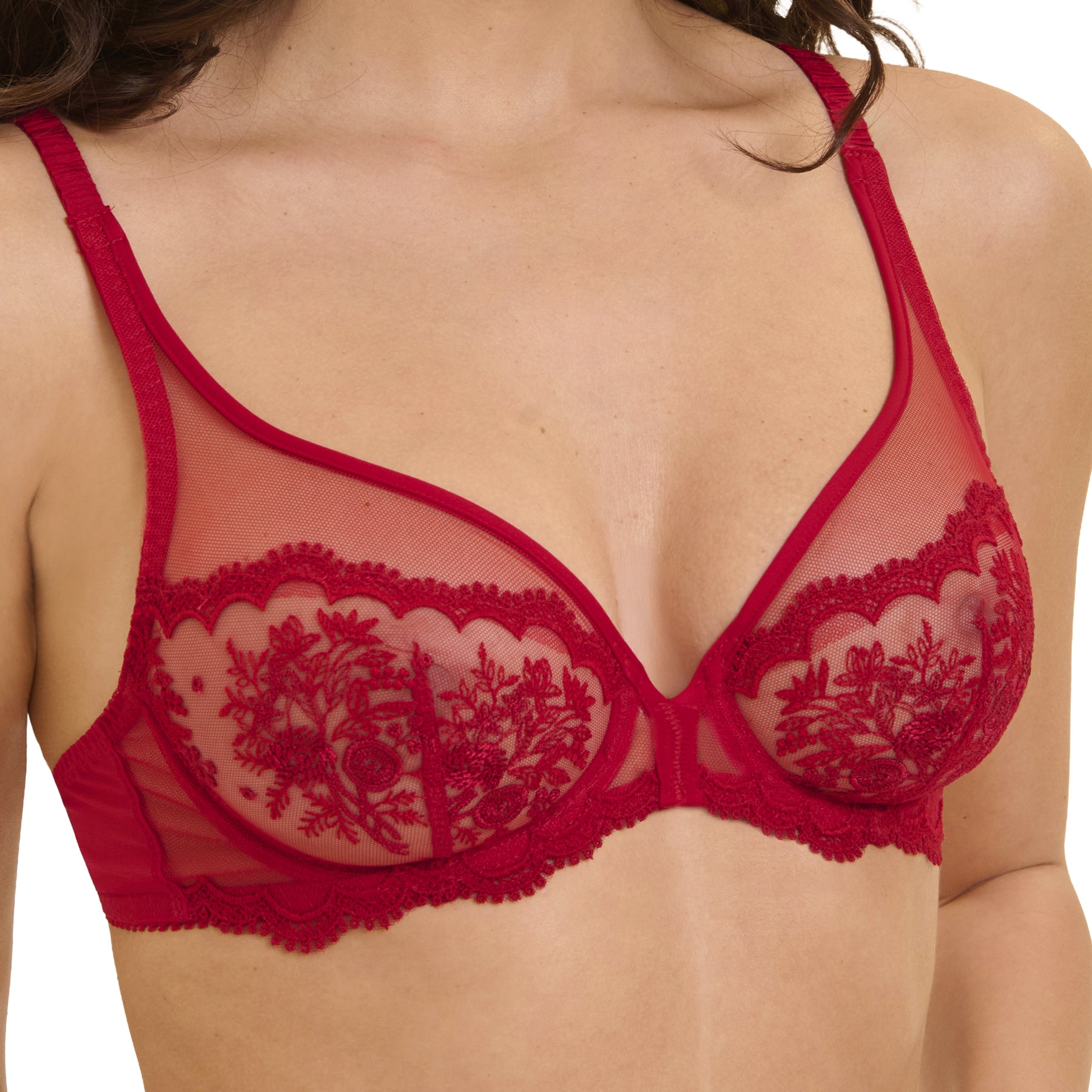 Close-up of Simone Pérèle Opera Red plunge bra showcasing sheer tulle, intricate floral embroidery, and underwire support.