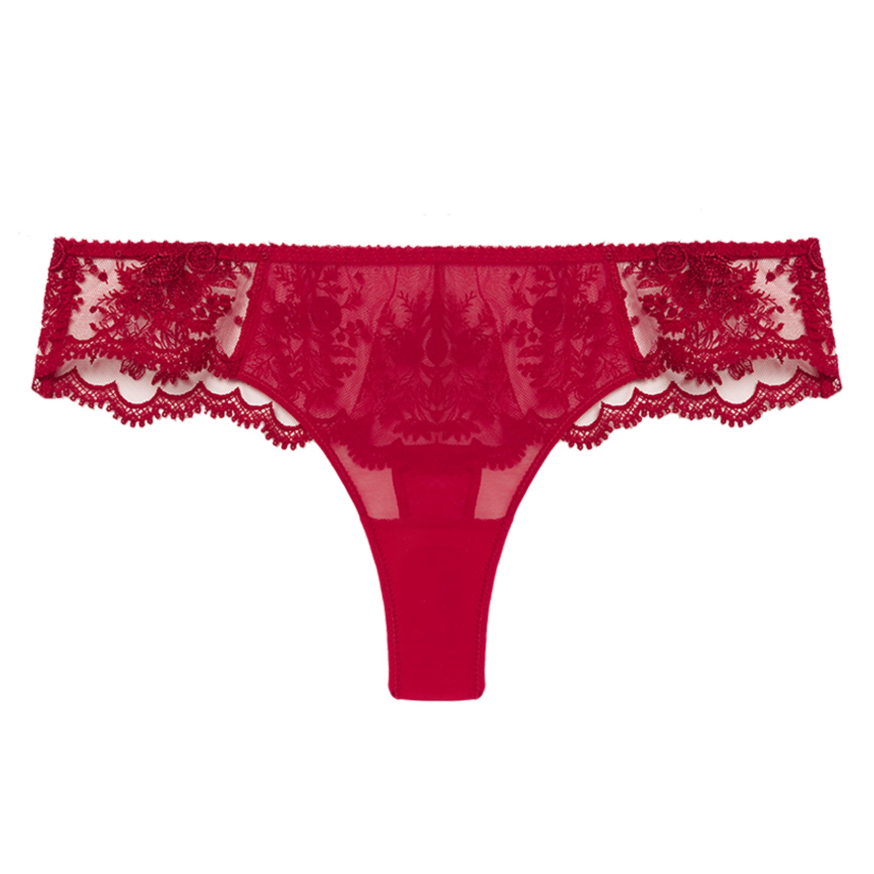 Simone Pérèle Opera Red thong featuring sheer floral embroidered lace, soft microfiber front, and scalloped lace trim.