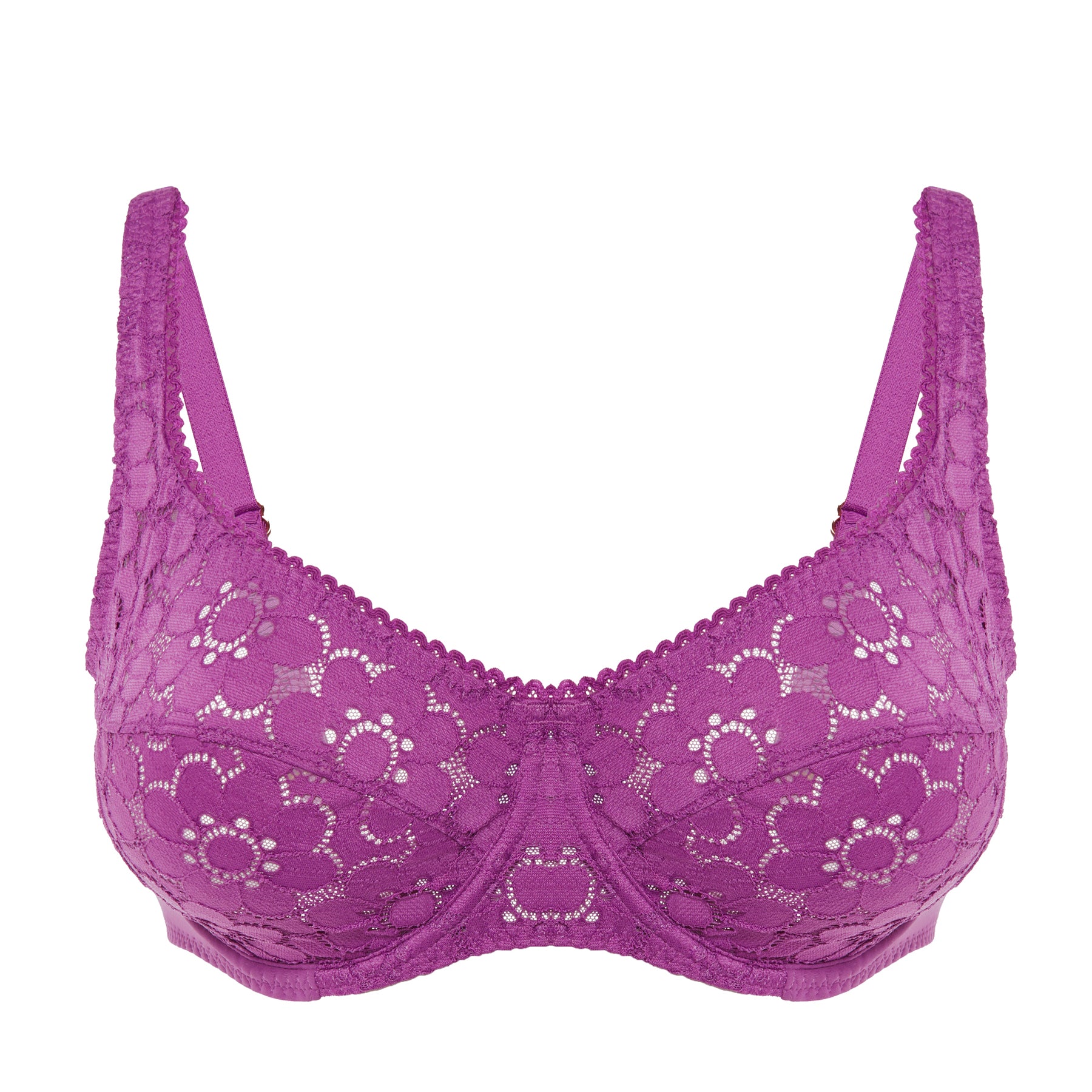 Front view of Simone Pérèle Oisive Full Cup Bra in fuchsia, featuring floral stretch lace and underwire support.
