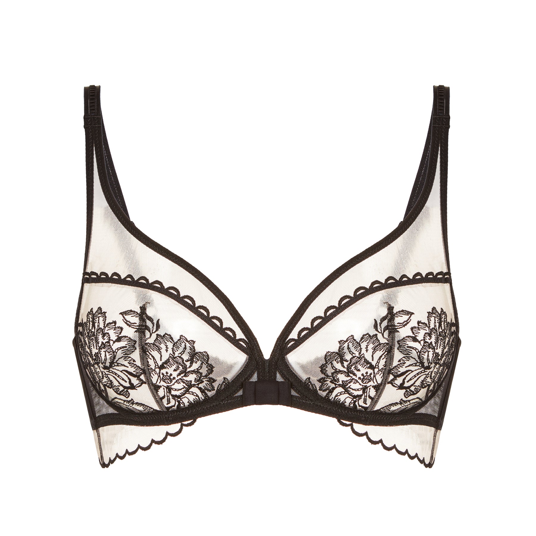Black sheer underwire bra with floral embroidery and scalloped lace trim, front view on white background.
