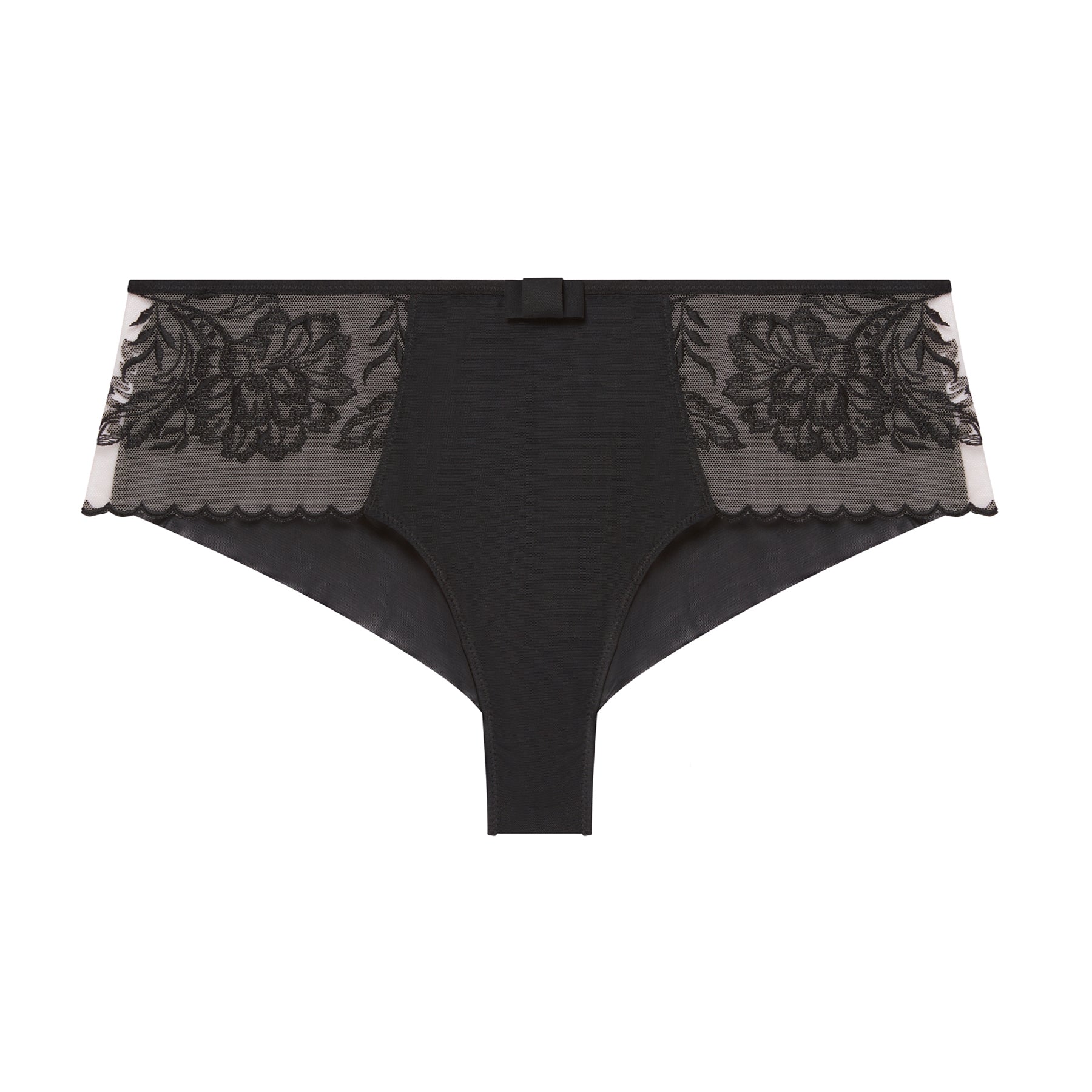 Flat lay of black shorty with sheer lace floral embroidery and scalloped edges