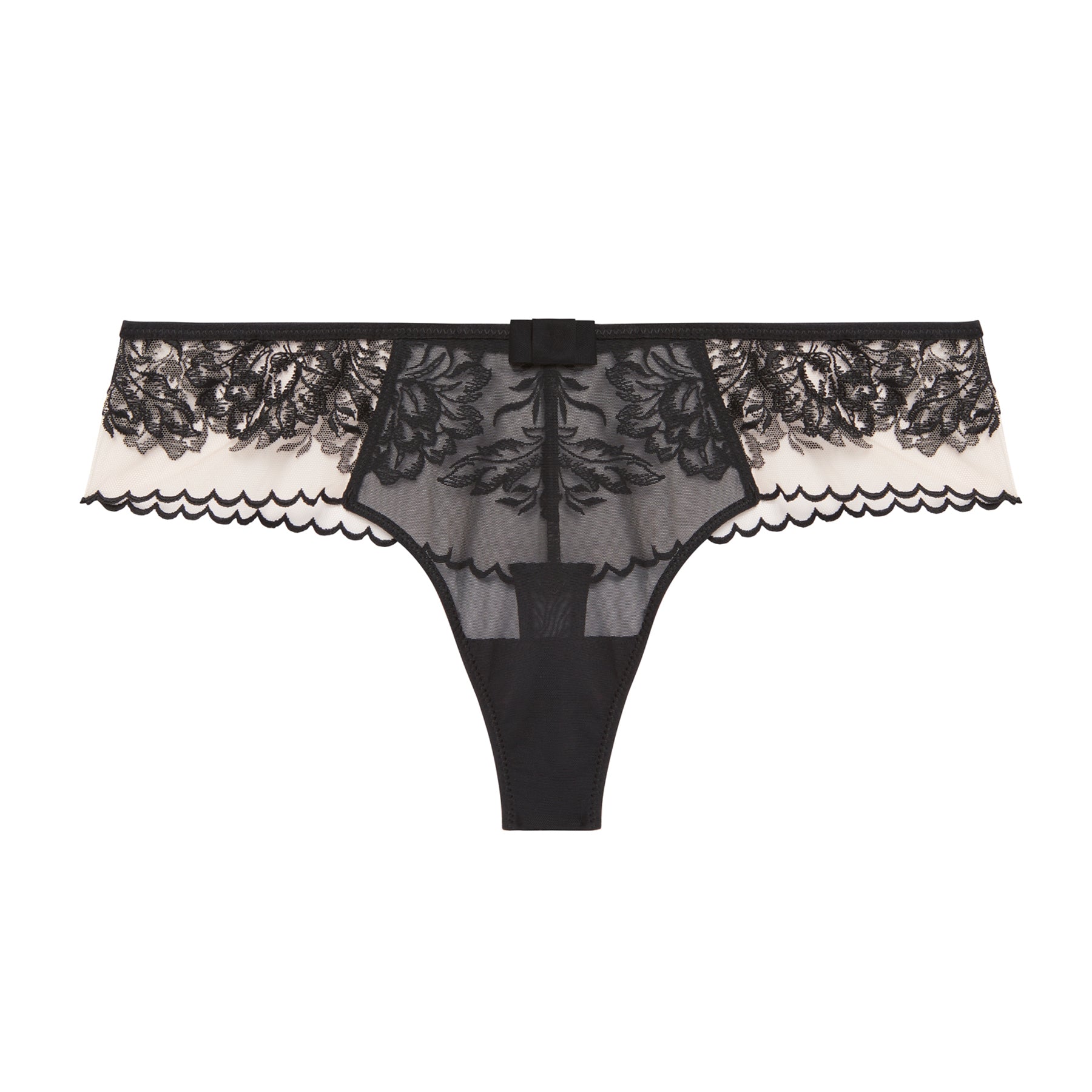 Model showing front of black thong with sheer mesh panel, floral lace sides, and bow detail at waist.