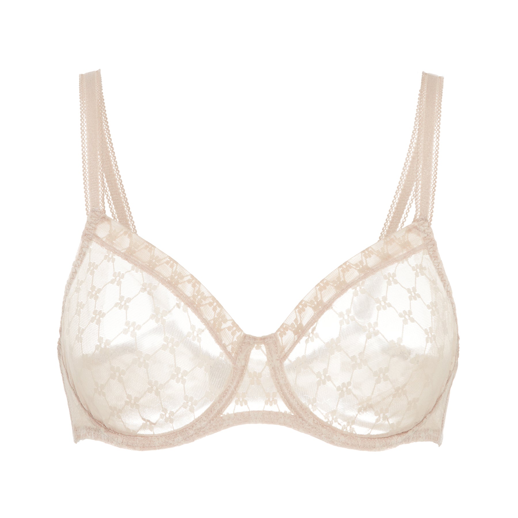 Nude lace underwire bra flat lay, sheer cups with geometric embroidery