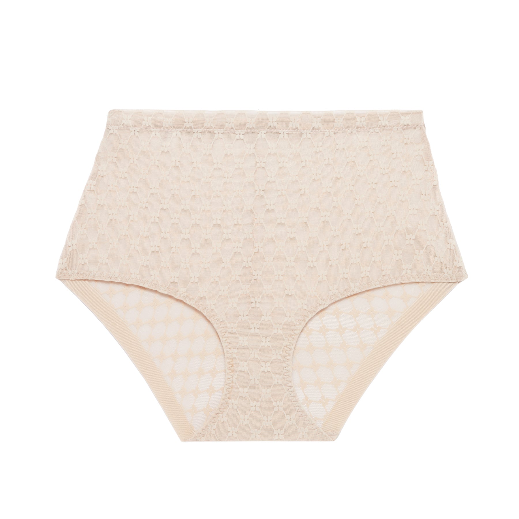 Nude high-waisted brief with all-over geometric lace pattern and semi-sheer side panels, flat lay on white background.