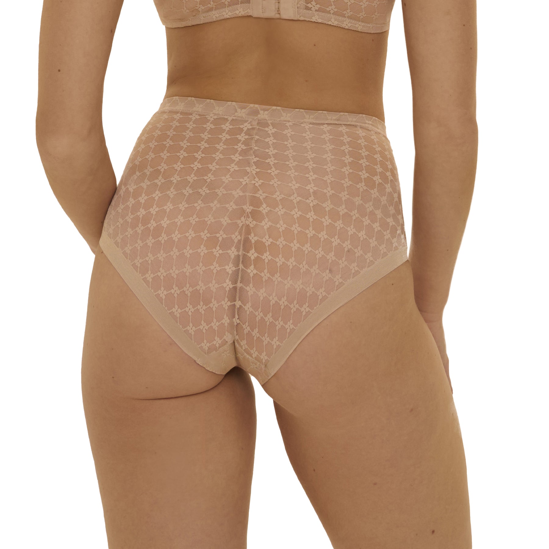Back view of nude high-waisted underwear with full coverage and semi-sheer lace design.