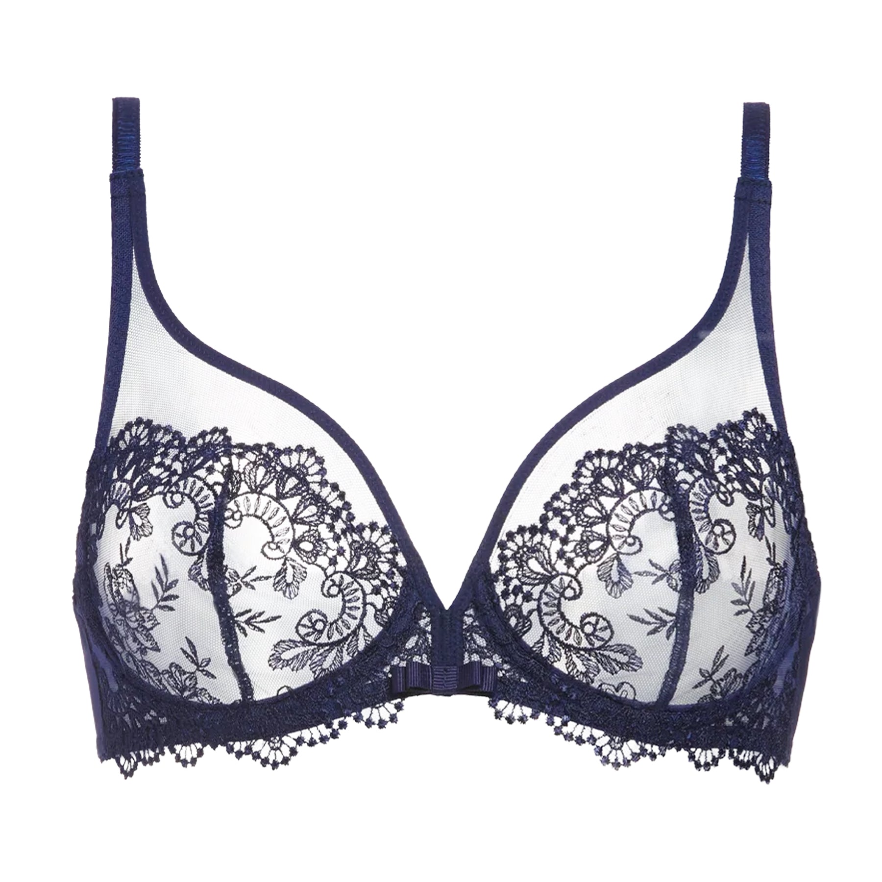 Simone Pérèle navy plunge bra featuring sheer tulle cups, intricate floral lace embroidery and delicate scalloped trim.