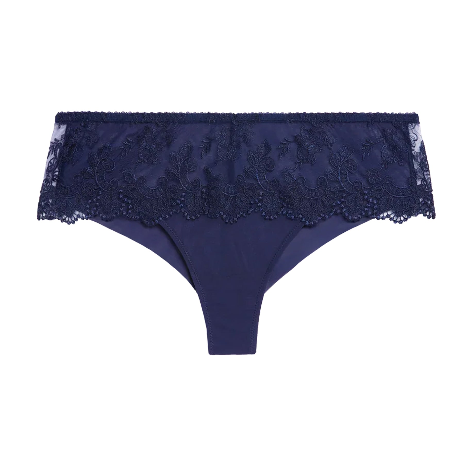 Simone Pérèle navy shorty panties featuring sheer floral embroidery, scalloped lace trim and a smooth front panel.