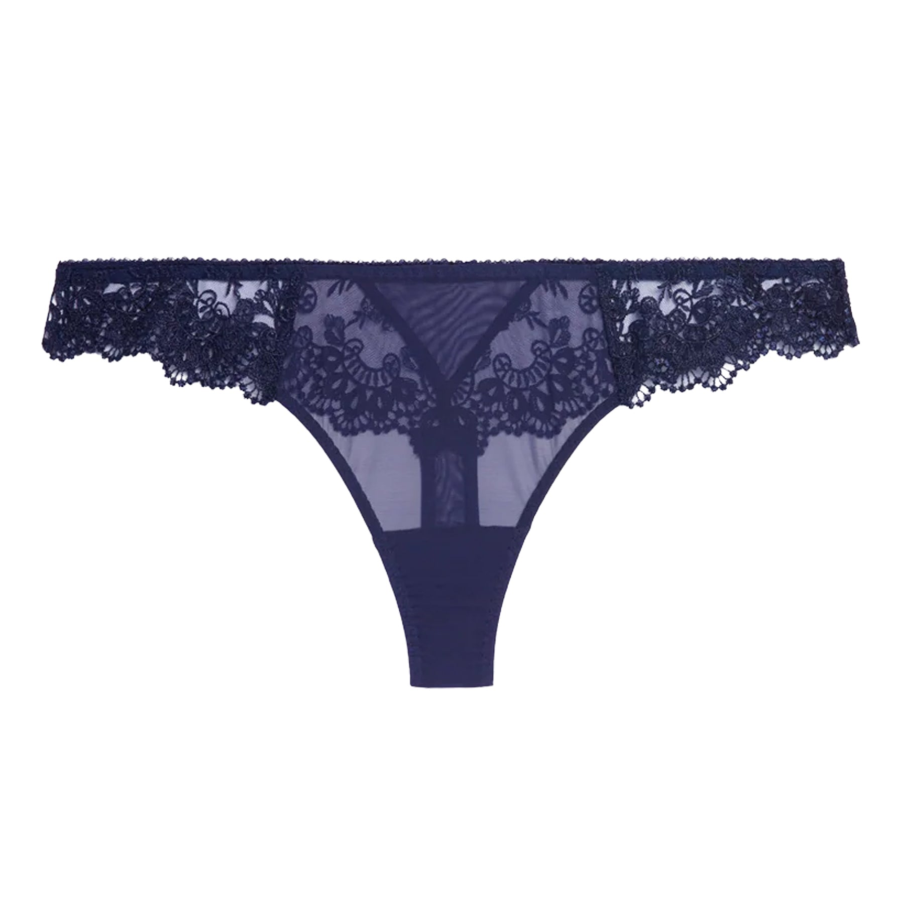 Simone Pérèle navy thong featuring sheer tulle, intricate floral embroidery and delicate scalloped lace trim.