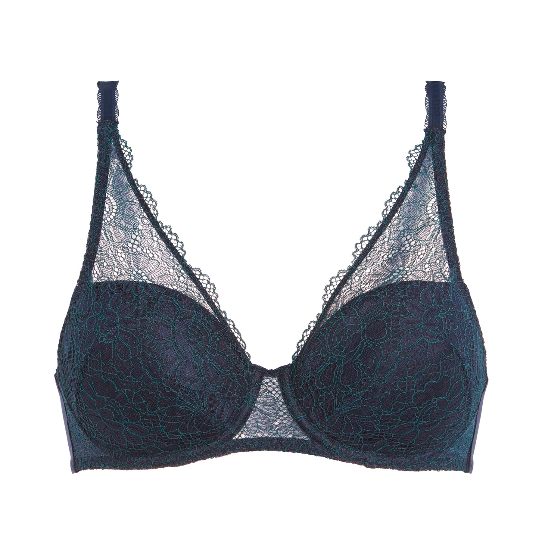 Front view of navy lace bra with floral pattern and sheer mesh details