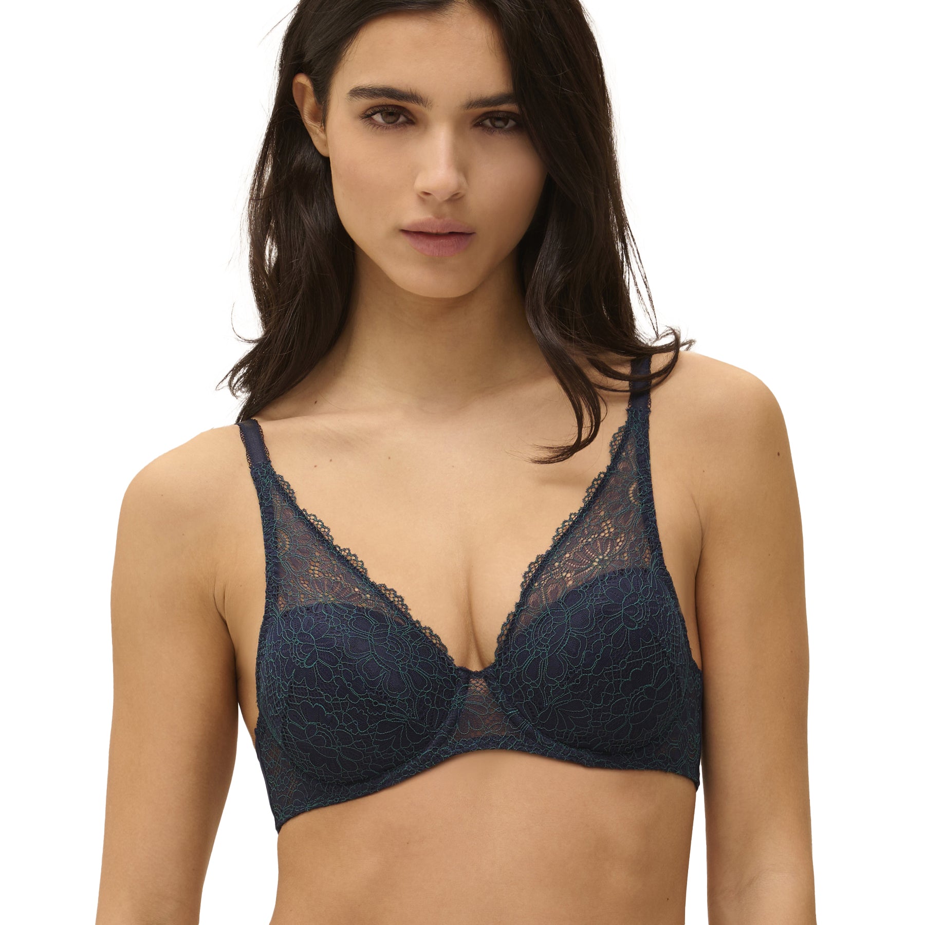 Close-up front view of navy lace bra with scalloped trim and floral lace overlay