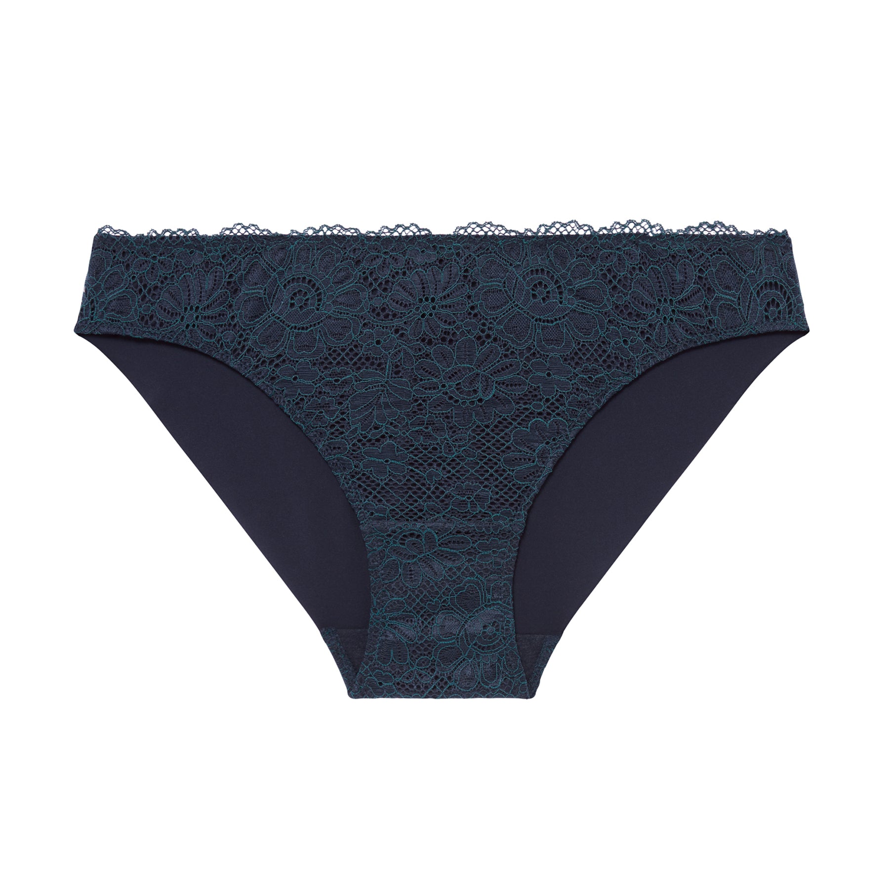 Front view of sapphire lace panty with floral detailing and smooth microfiber back
