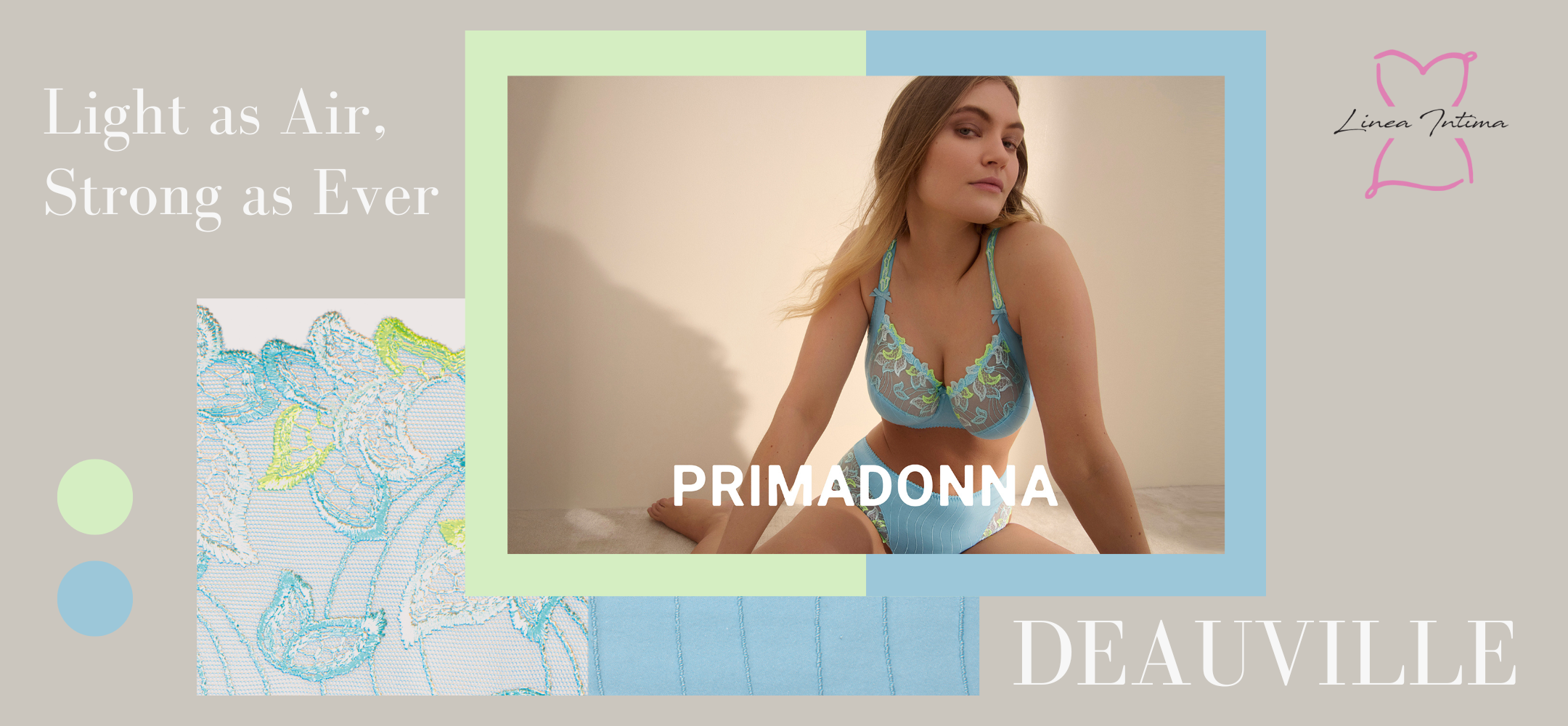 PrimaDonna Deauville full cup bra and brief set in Milky Blue, showcased in a modern website banner with soft pastel accents and embroidery detail - tagline reads 'Light as Air, Strong as Ever'