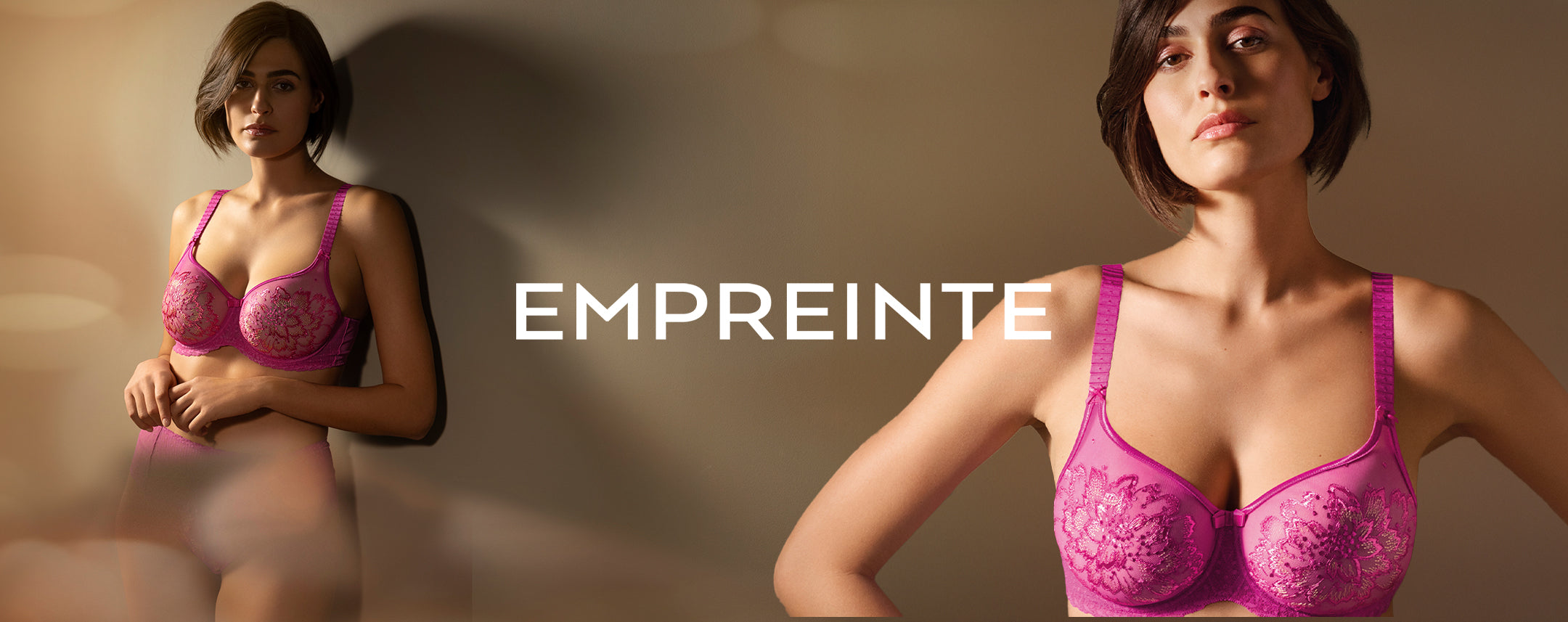 Model wearing Empreinte Amour full cup bra in vibrant magenta with floral embroidery, supportive lingerie for fuller busts.