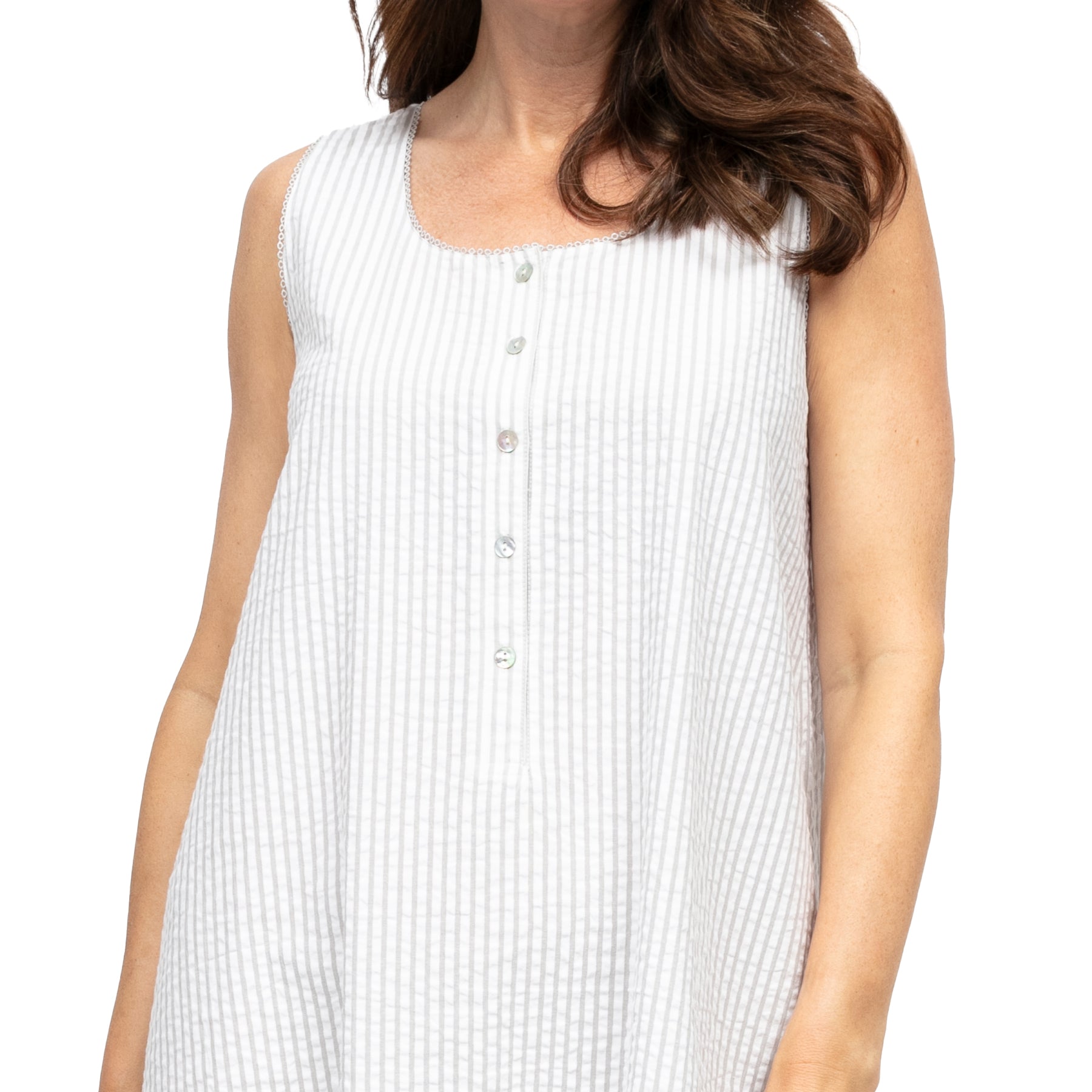 Close-up of light grey striped cotton nightgown featuring scoop neckline and front buttons detail